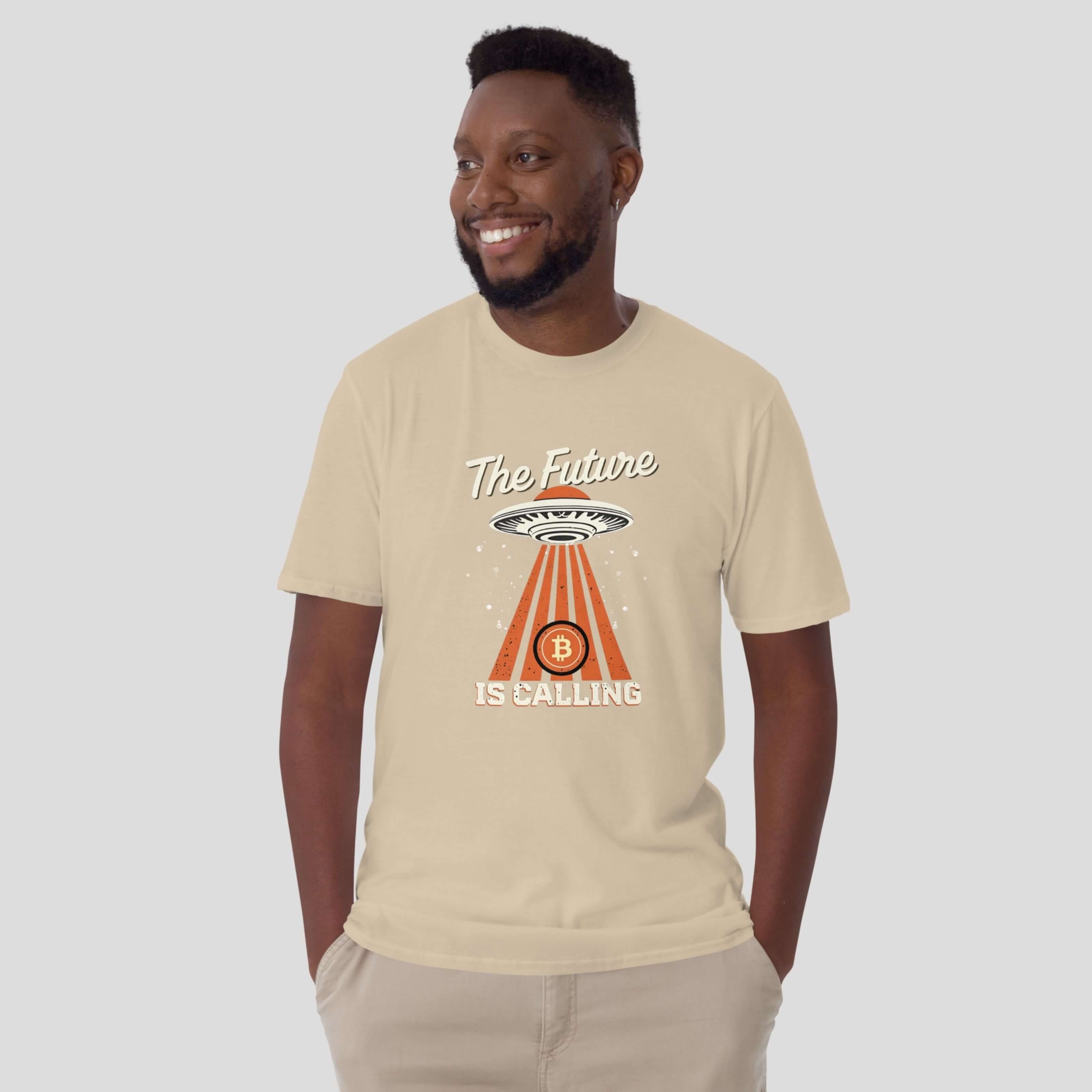 Male model in a beige bitcoin meme alien t-shirt