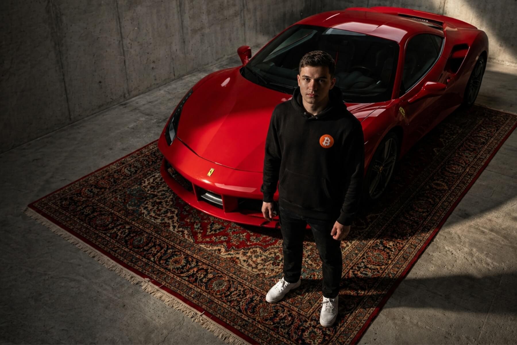 crypto streetwear hoodie worn by trader at night luxury car background bitcoin mindset apparel