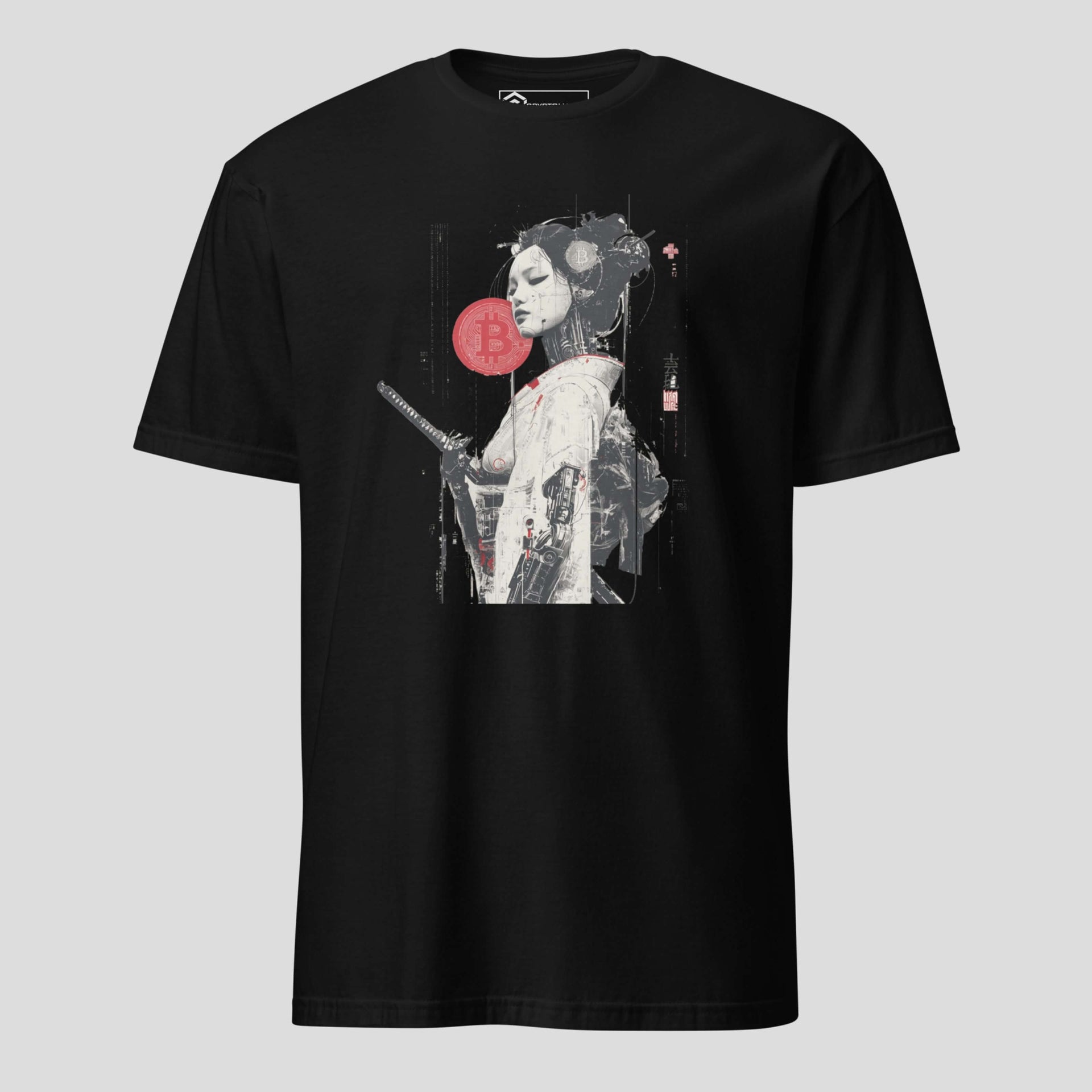 Black crypto t-shirt featuring cyberpunk geisha artwork holding a Bitcoin symbol, futuristic Japanese street art design