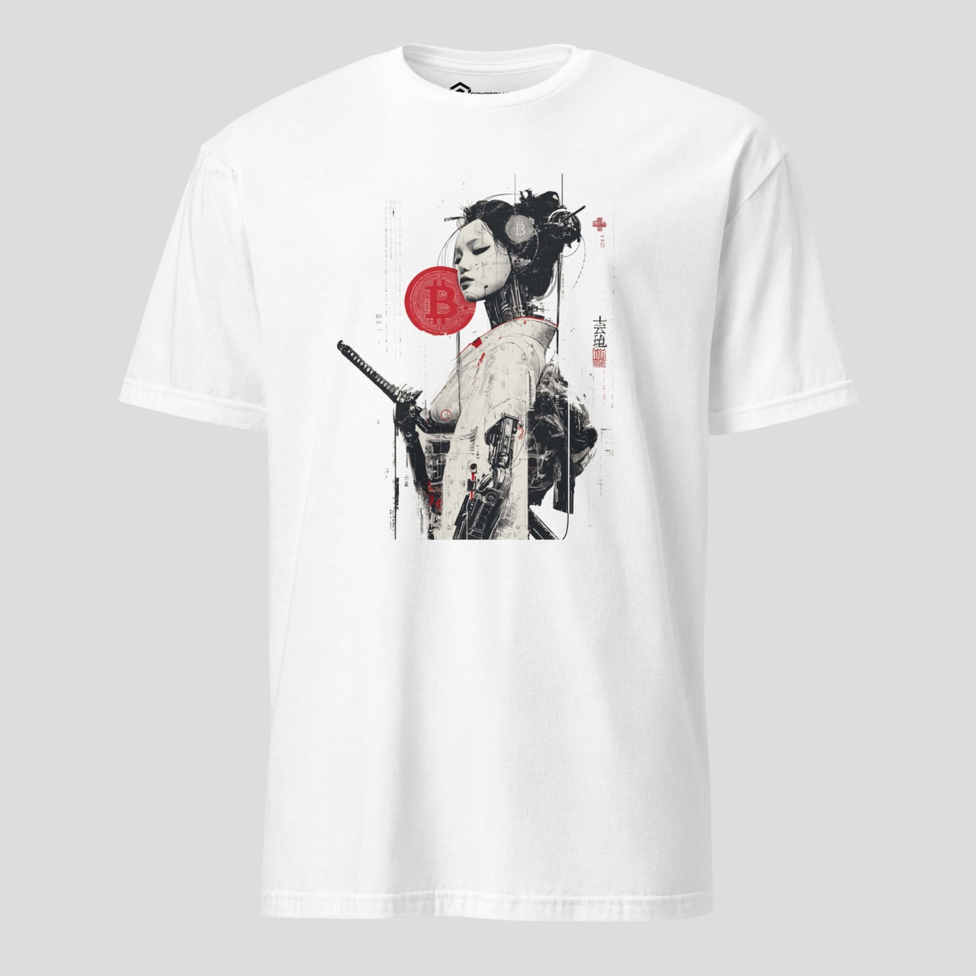 White crypto t-shirt with cyberpunk geisha illustration and red Bitcoin symbol, modern blockchain streetwear style