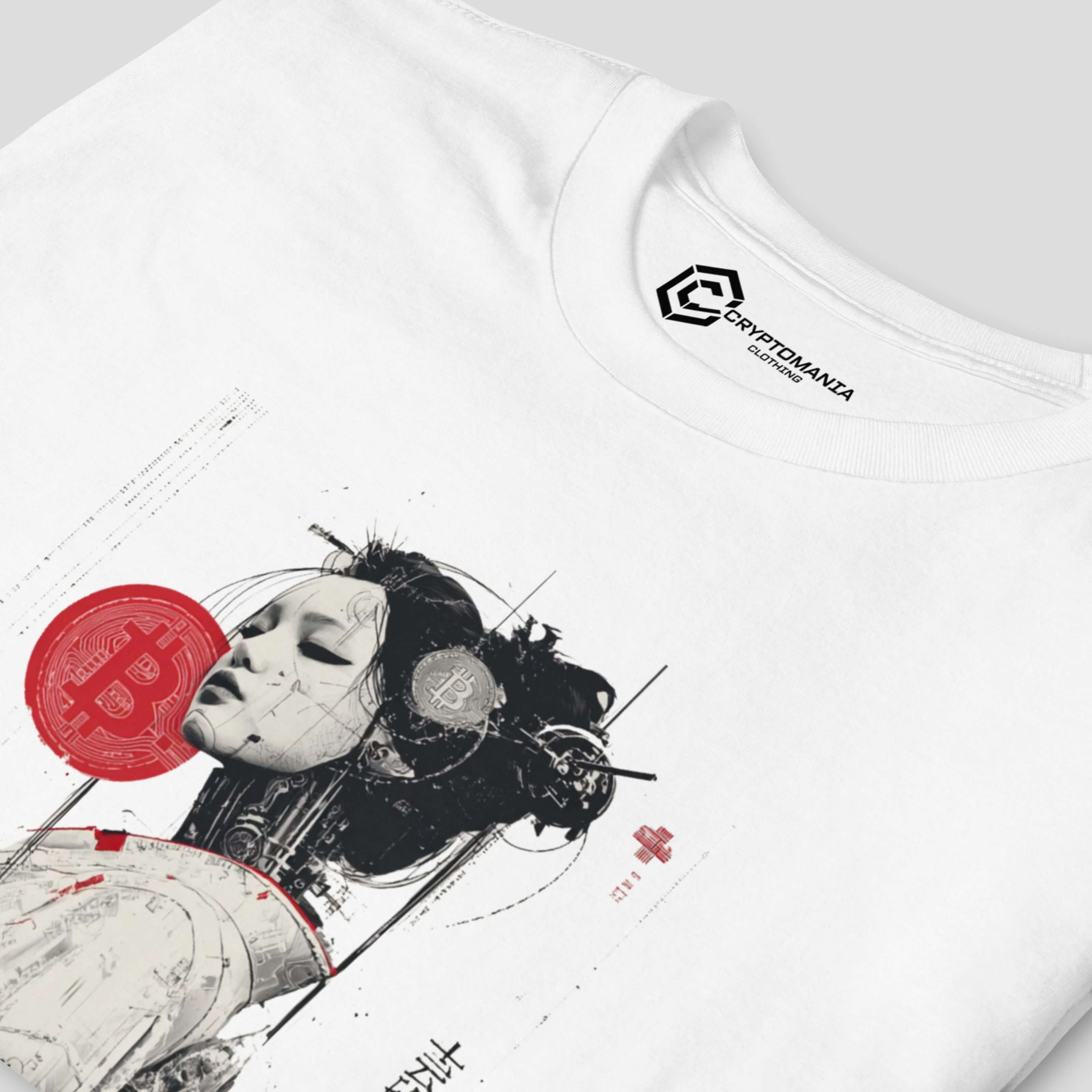 Close-up of cyberpunk geisha Bitcoin artwork on white crypto t-shirt with detailed futuristic illustration