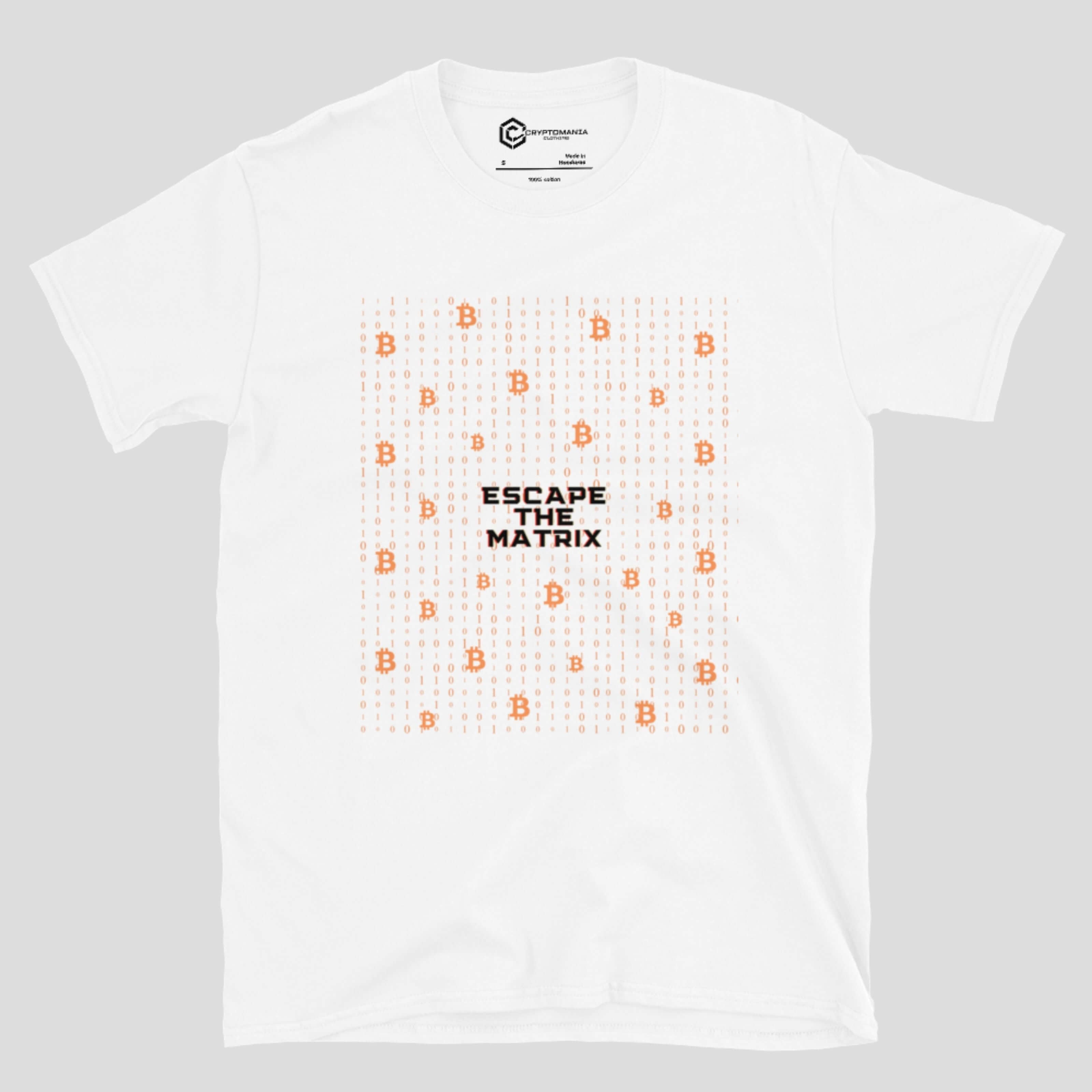 Minimalist bitcoin pattern with escape the matrix text