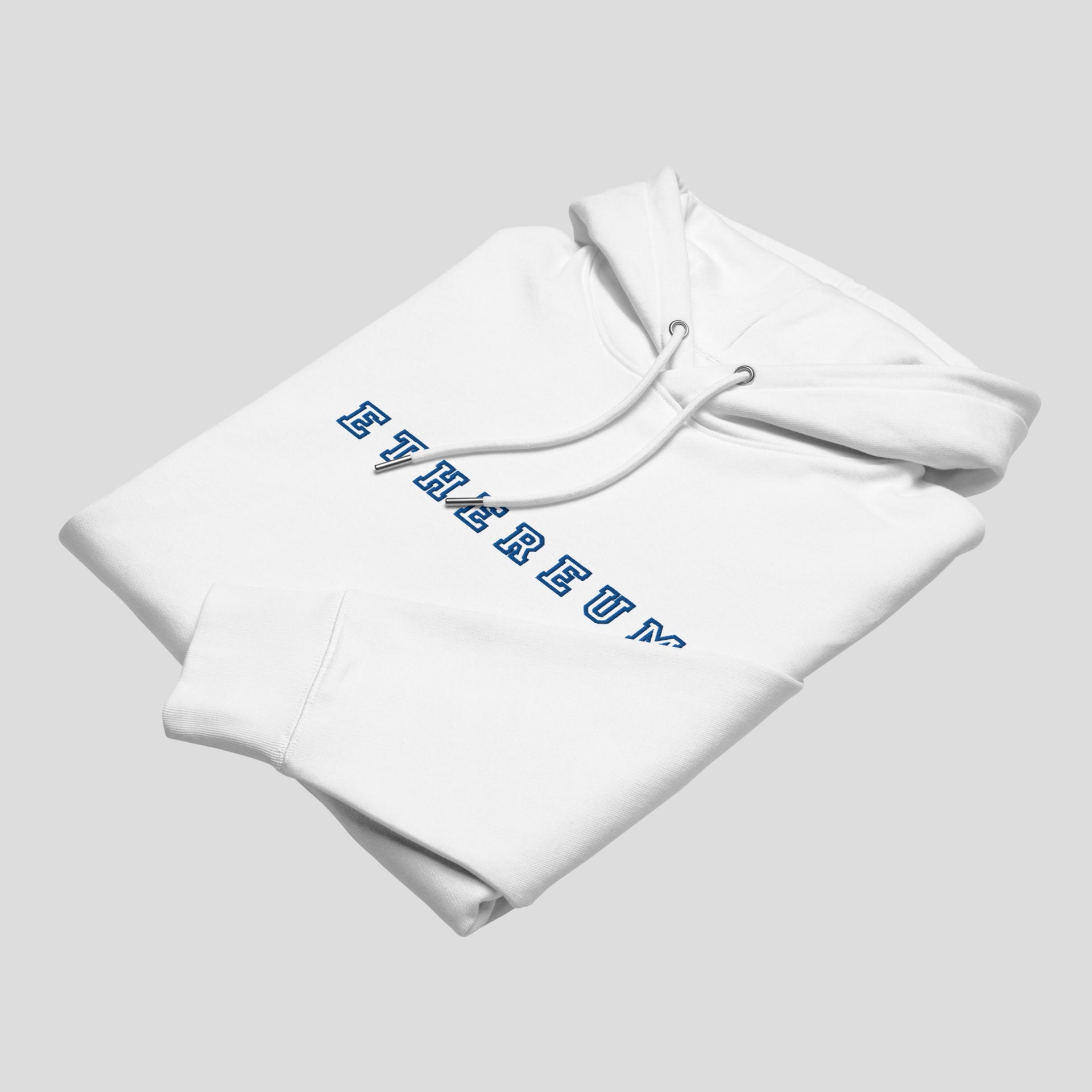 White ethereum embroidered hoodie folded premium cotton