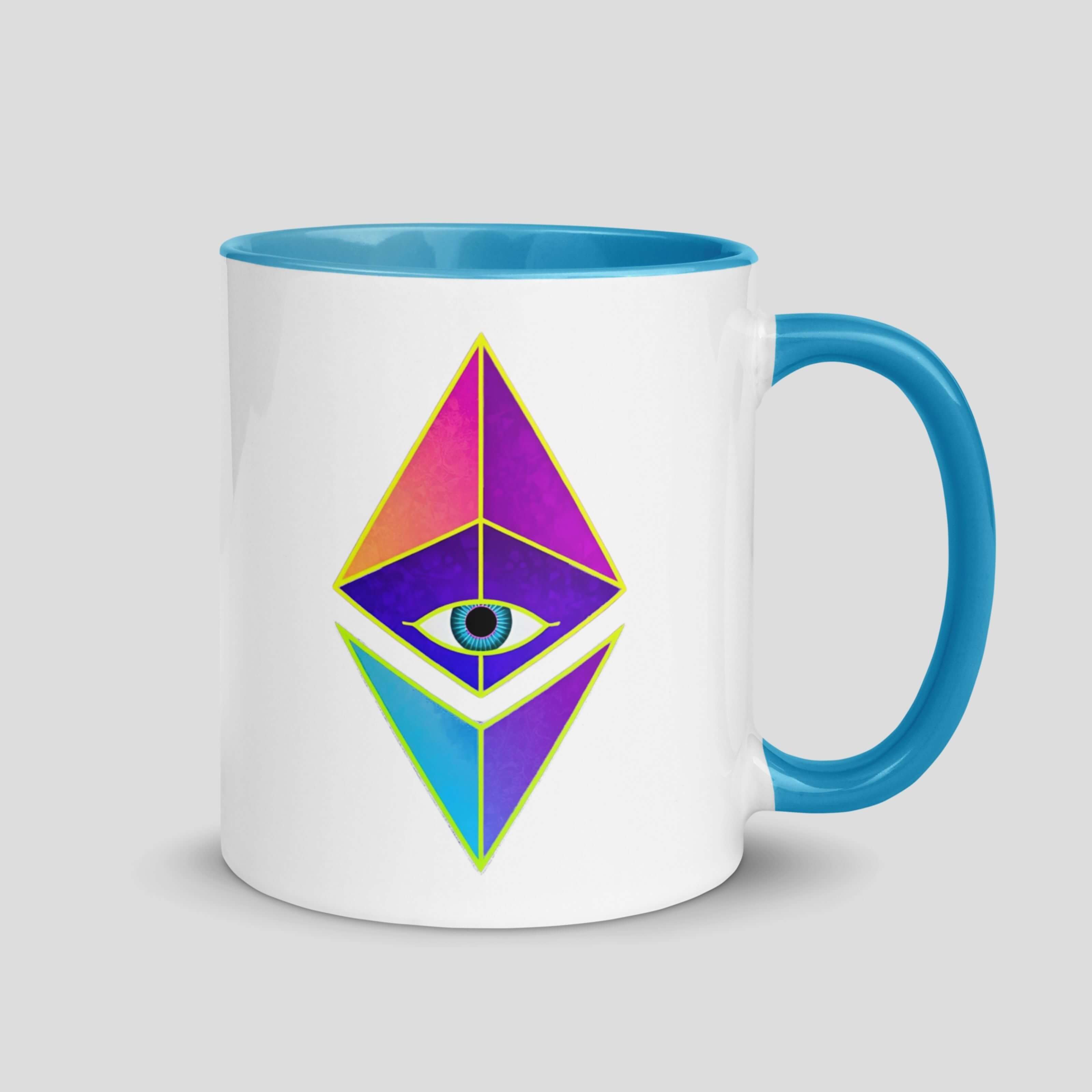 Ethereum inspired crypto mug with blue handle and rim, blockchain coffee cup for traders