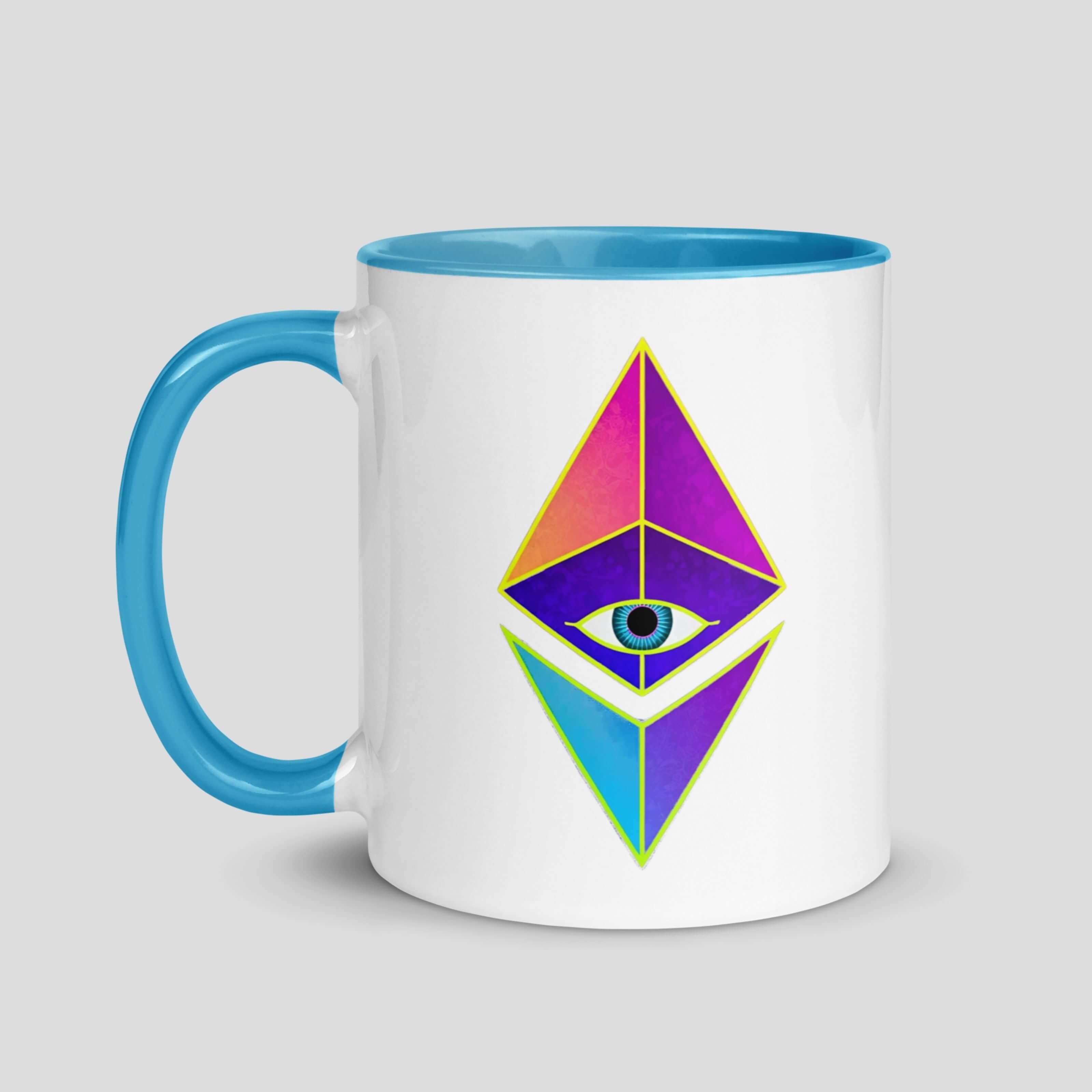 Ethereum crypto coffee mug, blue accent drinkware gift for blockchain enthusiasts