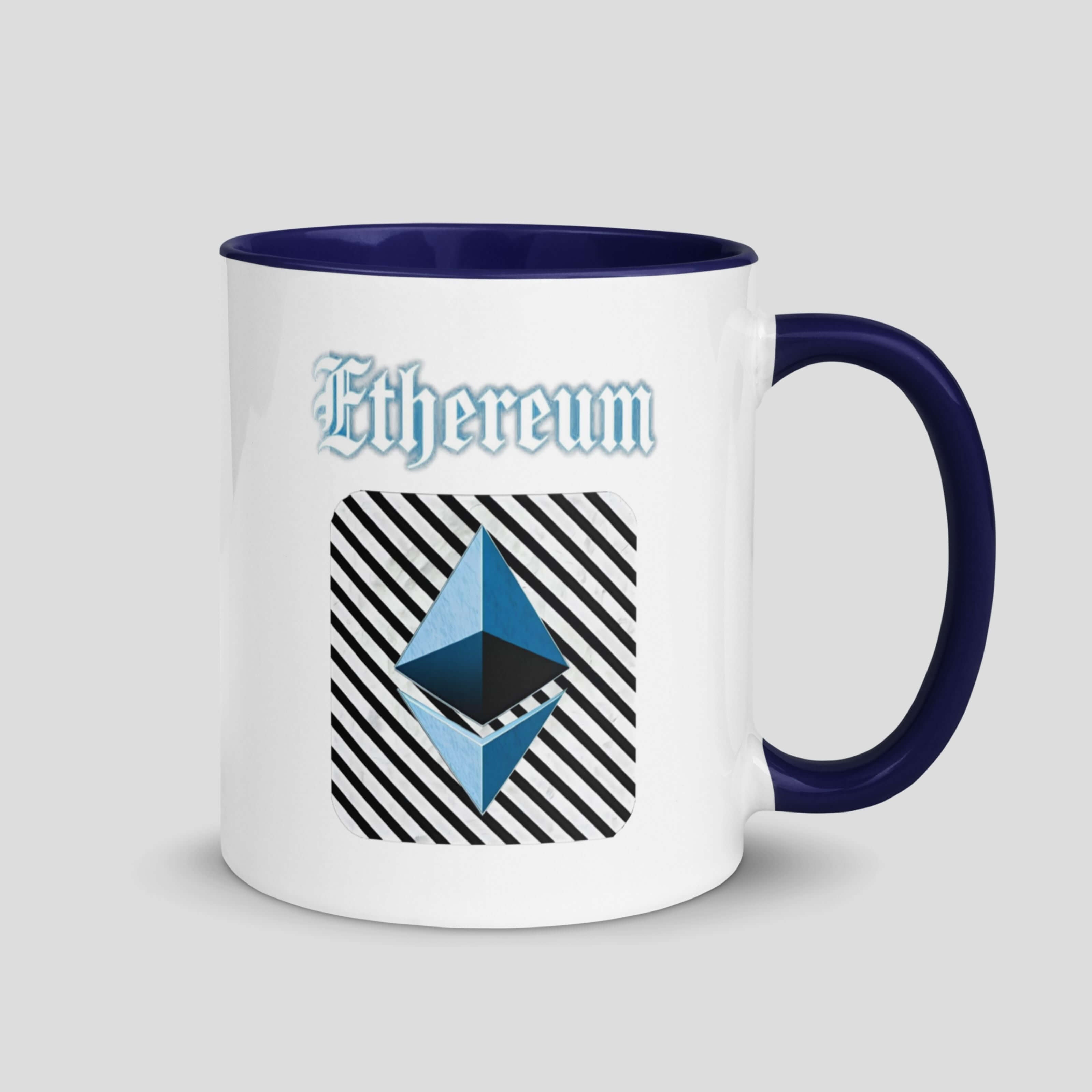 Ethereum logo coffee mug with black handle and rim, minimal crypto design for ETH holders and Web3 enthusiasts