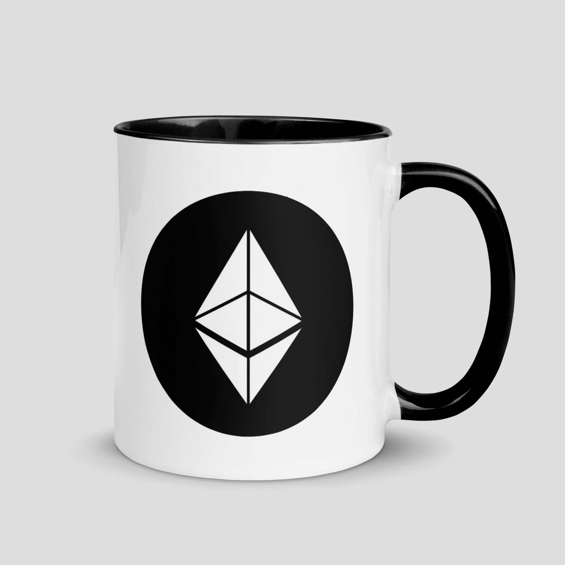 Ethereum crypto mug with black handle and rim, ETH inspired coffee cup for crypto traders