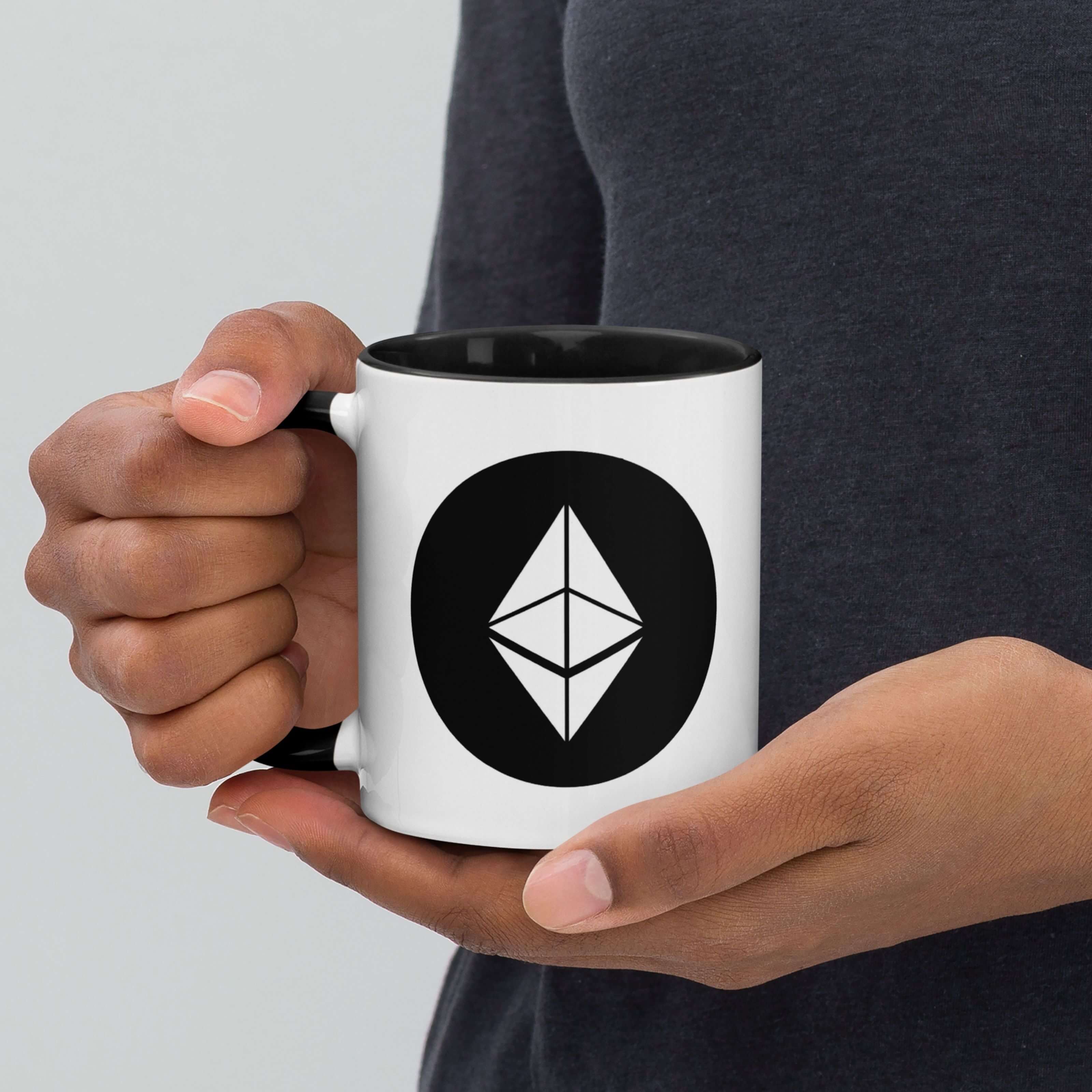 Holding Ethereum crypto mug, ETH coffee cup gift for traders and investors