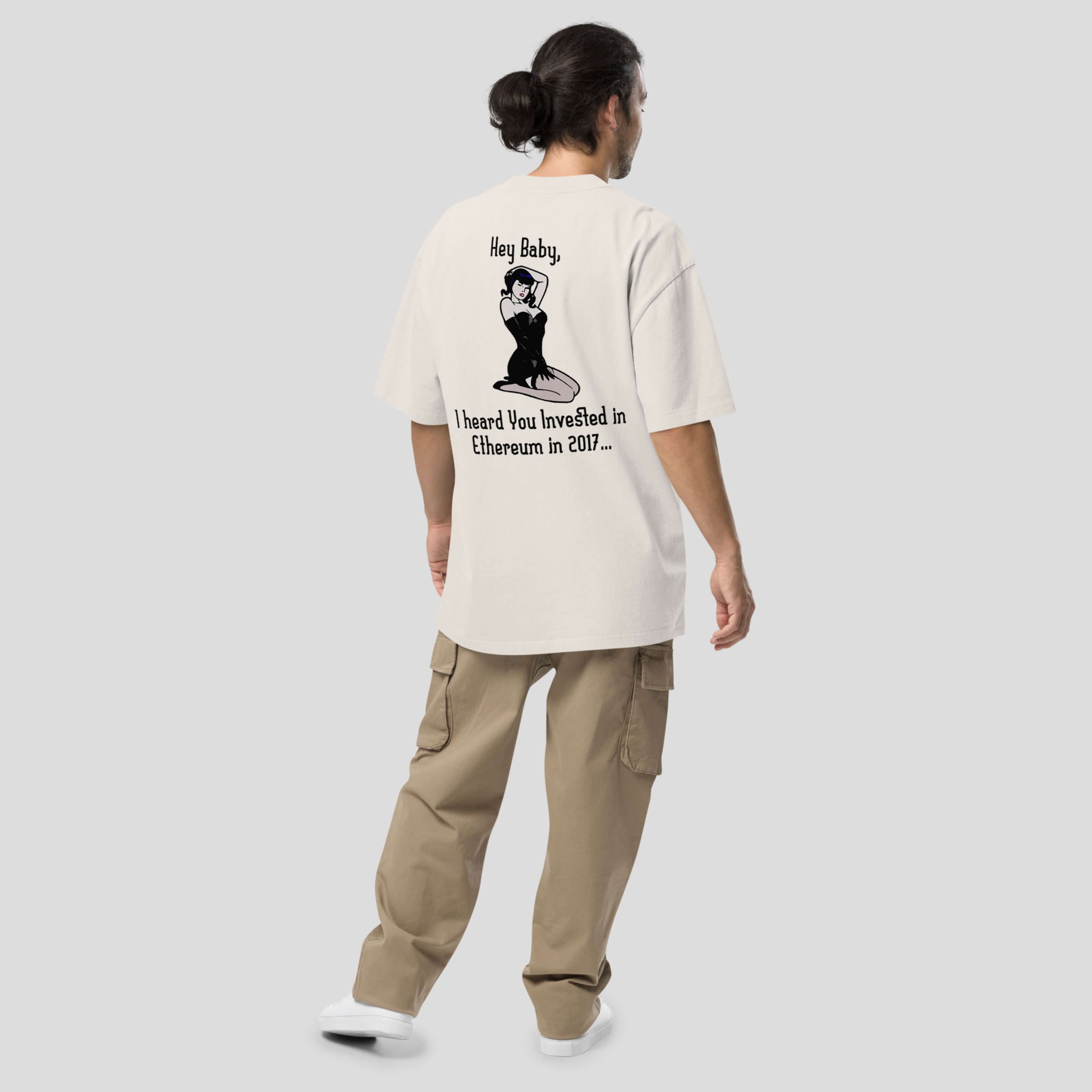 Oversized Ethereum streetwear t-shirt worn by model, relaxed fit