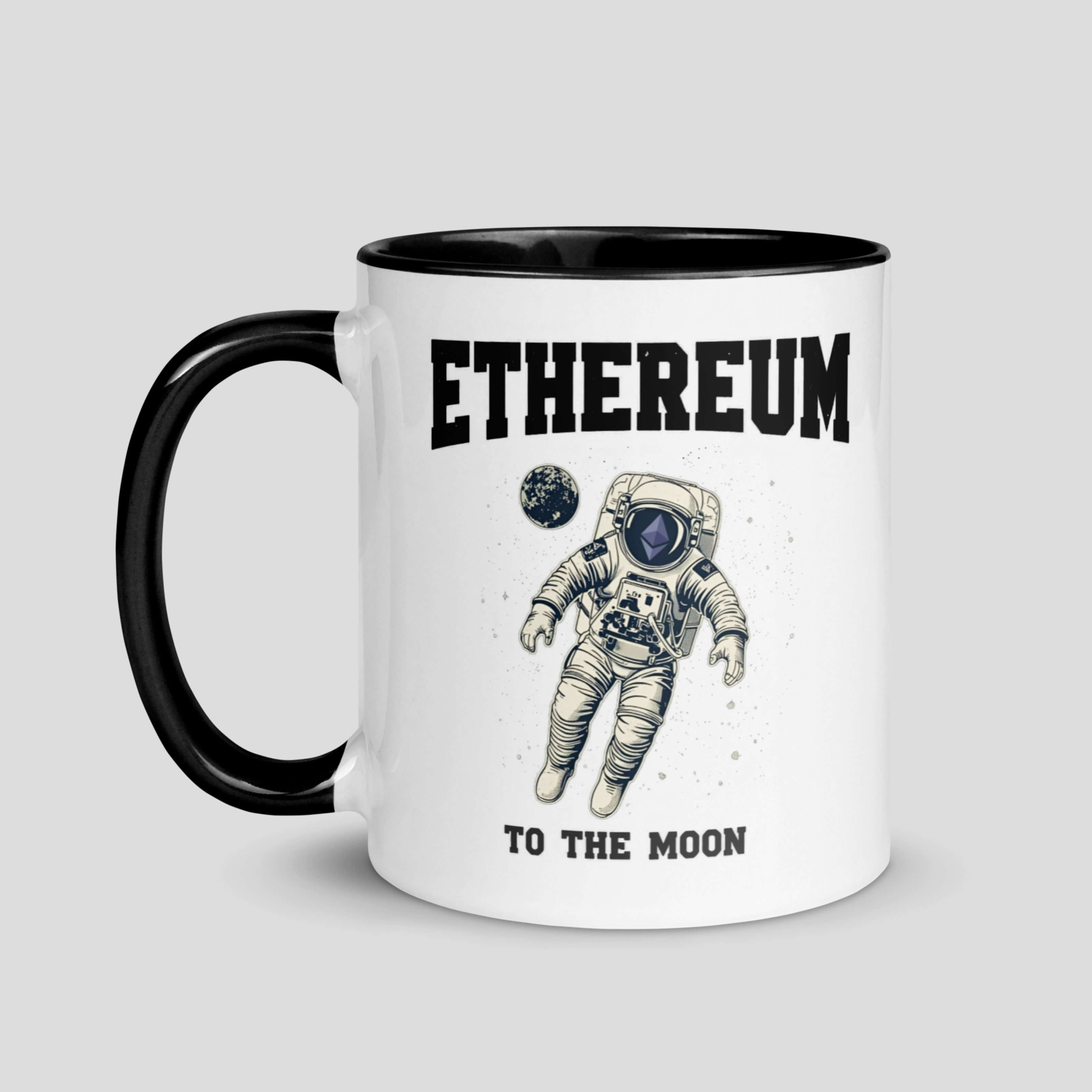 Ethereum astronaut coffee mug with black handle and rim, crypto “to the moon” design for ETH holders and Web3 fans
