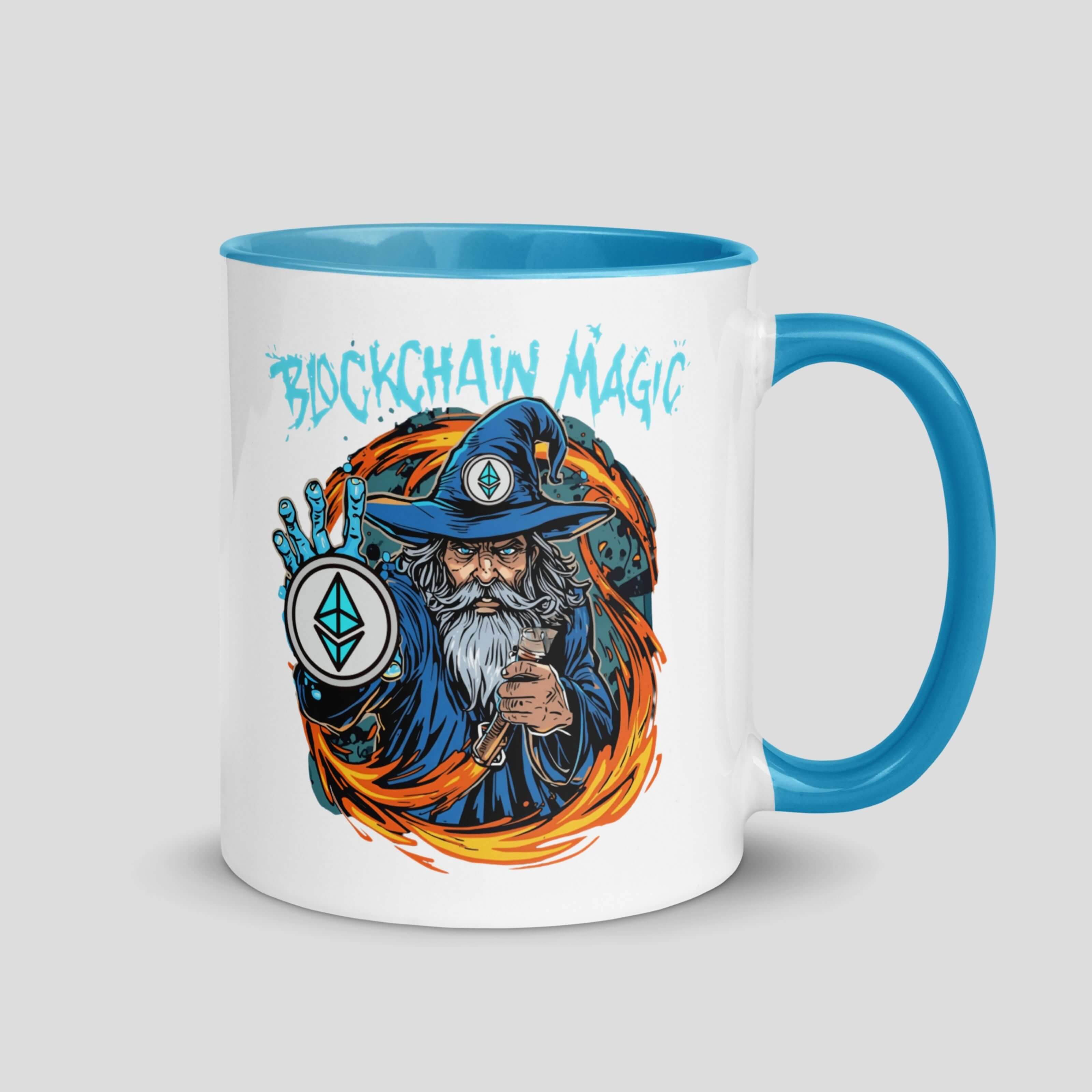 Colorful Ethereum inspired crypto mug with blue handle and rim, coffee cup for blockchain fans