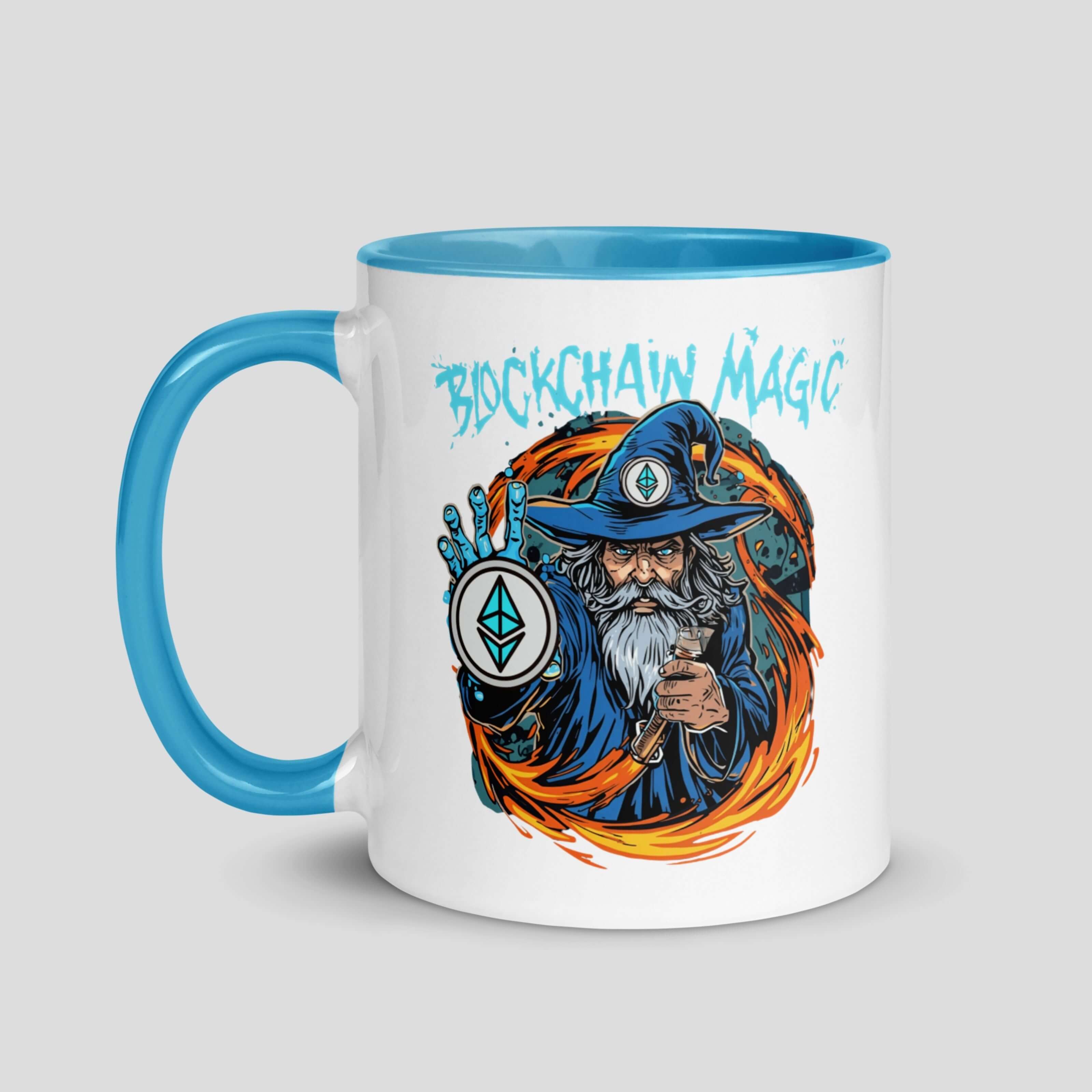 Ethereum crypto coffee mug with multicolor logo, blue accent drinkware gift for traders