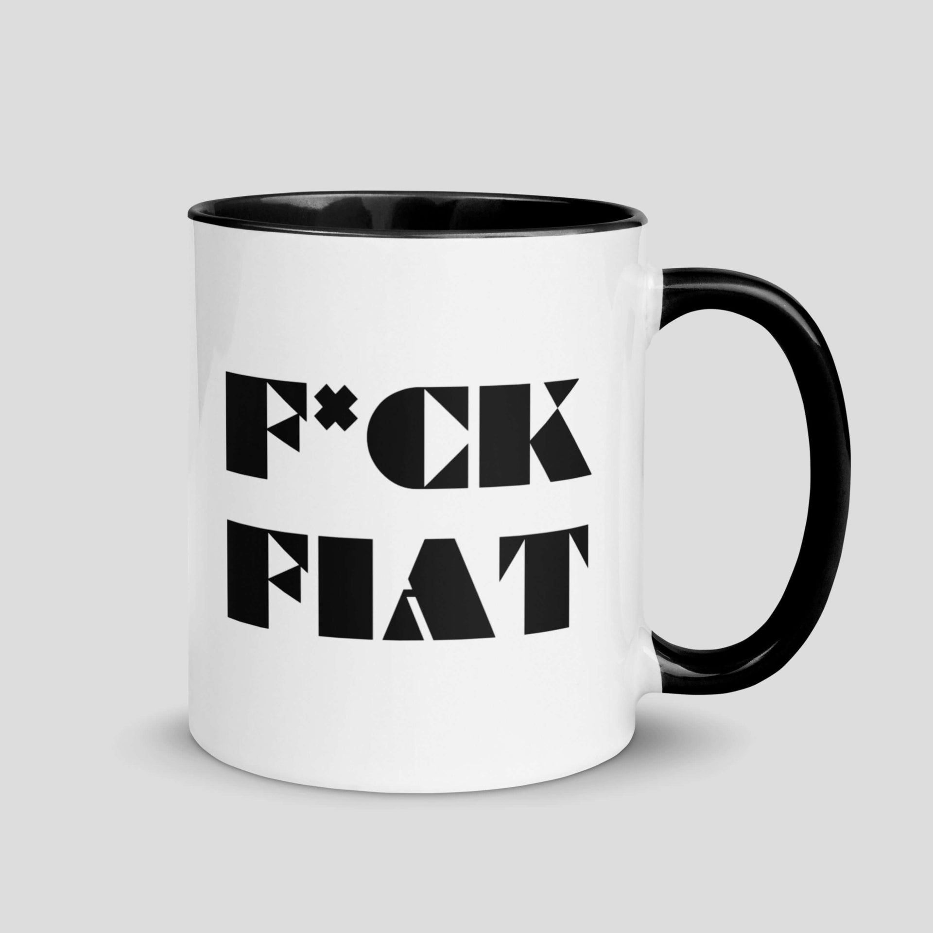 White ceramic fuck fiat mug with bold anti fiat typography