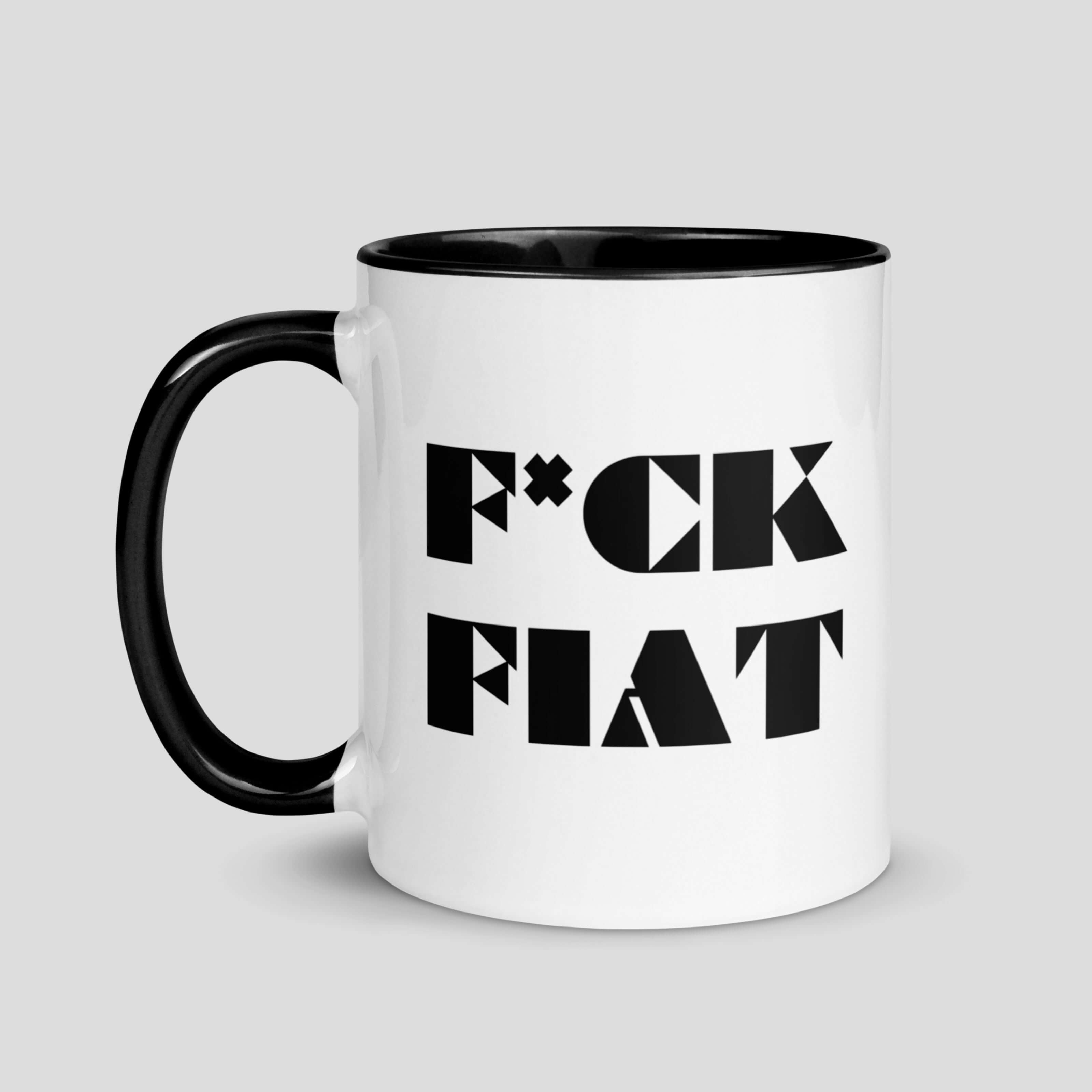 Side view of anti fiat crypto coffee mug with minimalist text design