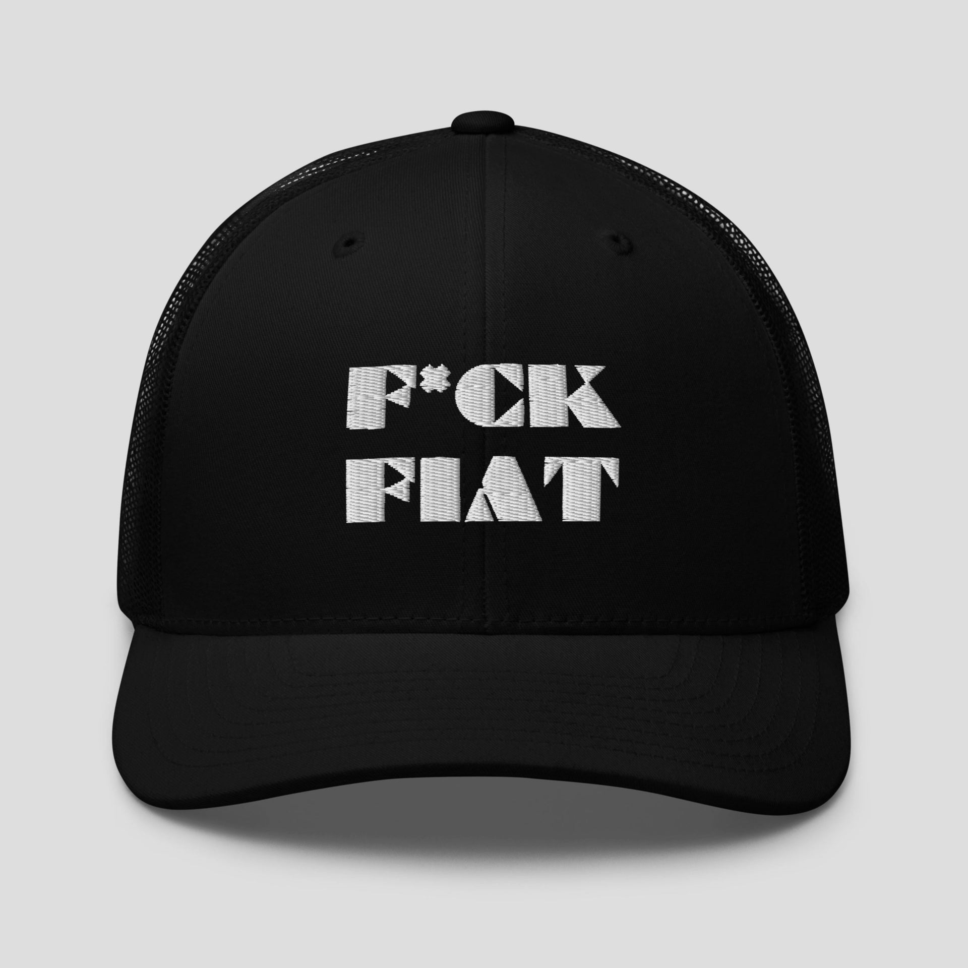 Black trucker cap with embroidered F*ck Fiat slogan in bold crypto protest streetwear style