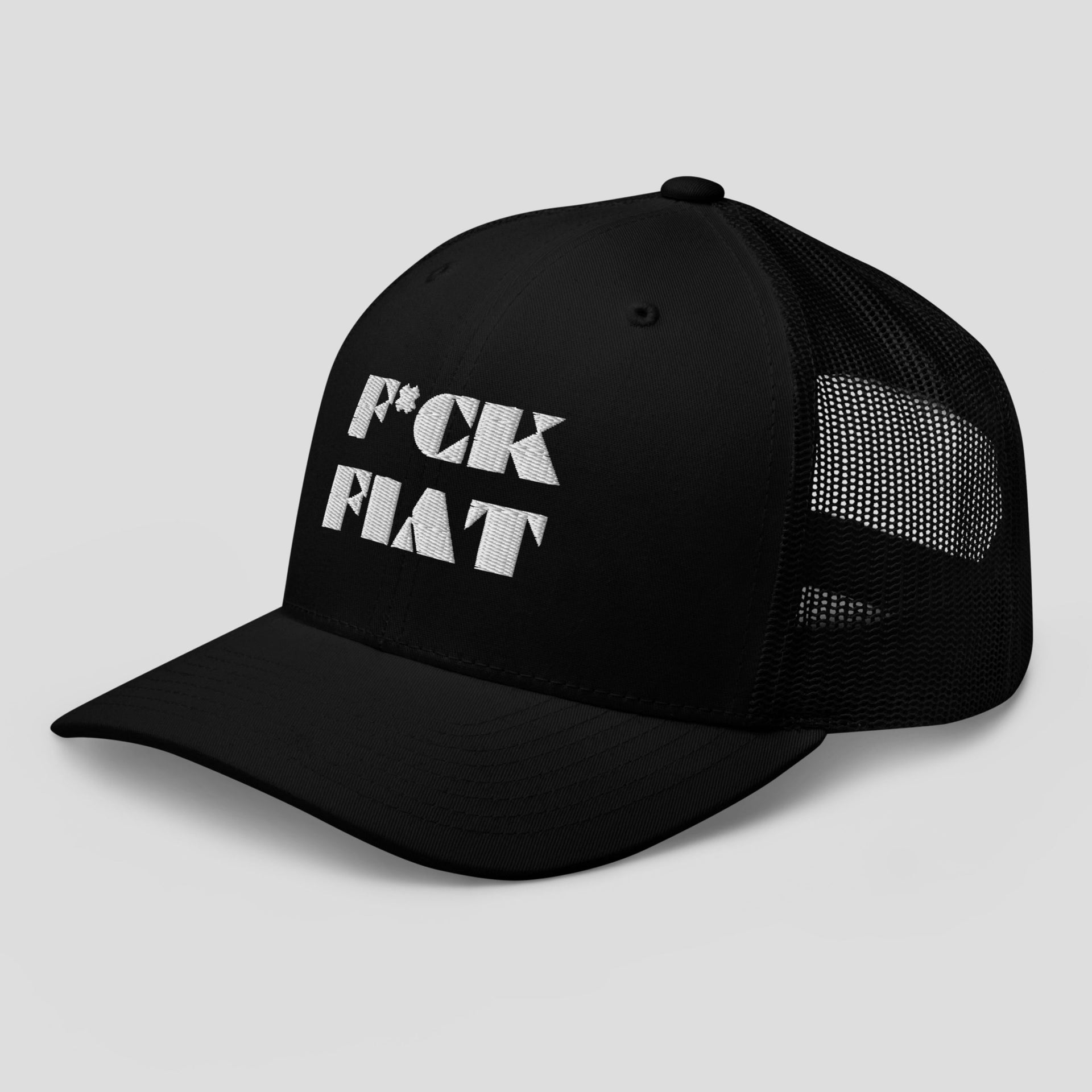 F*ck Fiat Trucker Cap - Anti Fiat Crypto Streetwear Hat featuring premium crypto-inspired design for Web3 lifestyle buyers, view 2