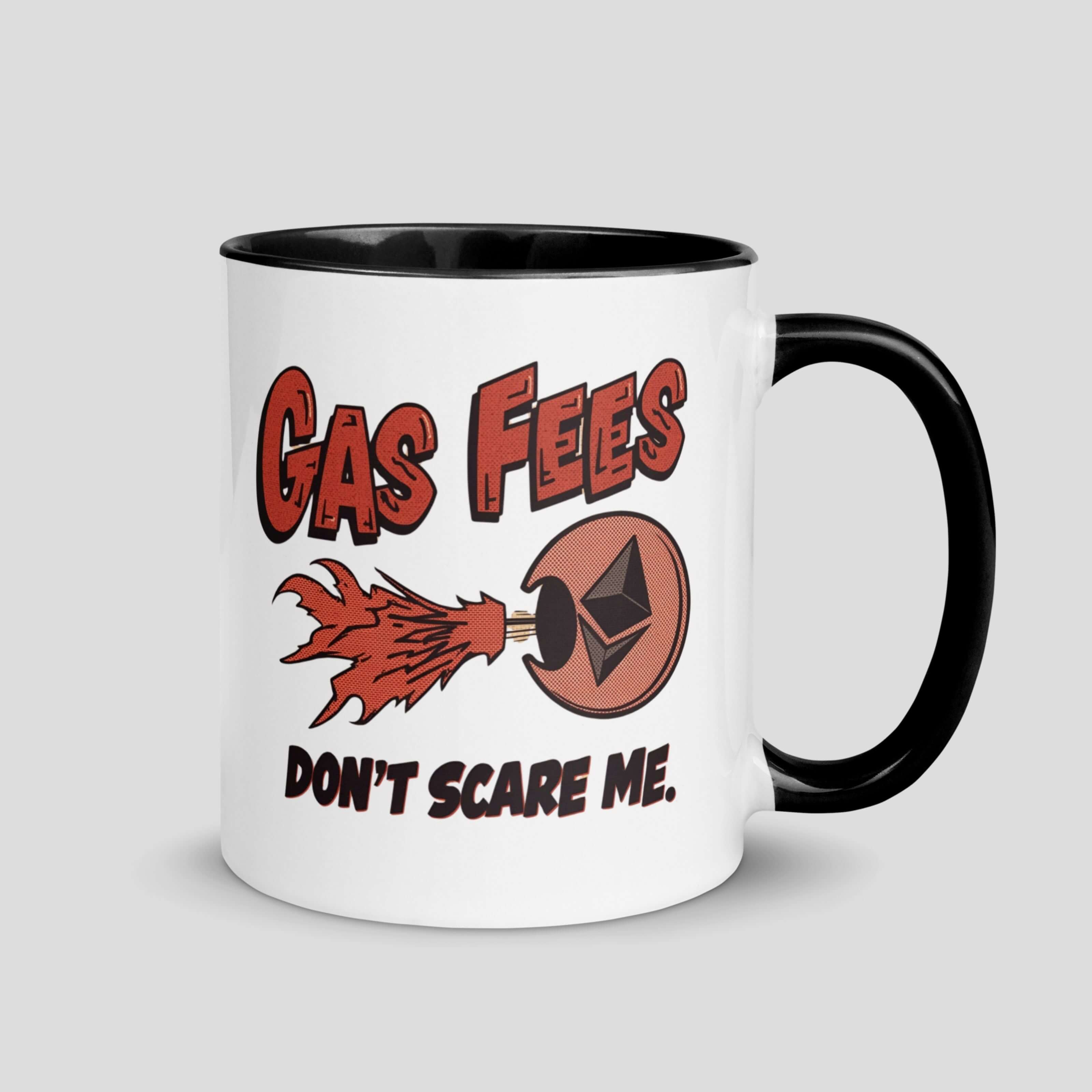 Gas fees hurt my soul ethereum meme mug with black handle, funny crypto coffee cup for traders