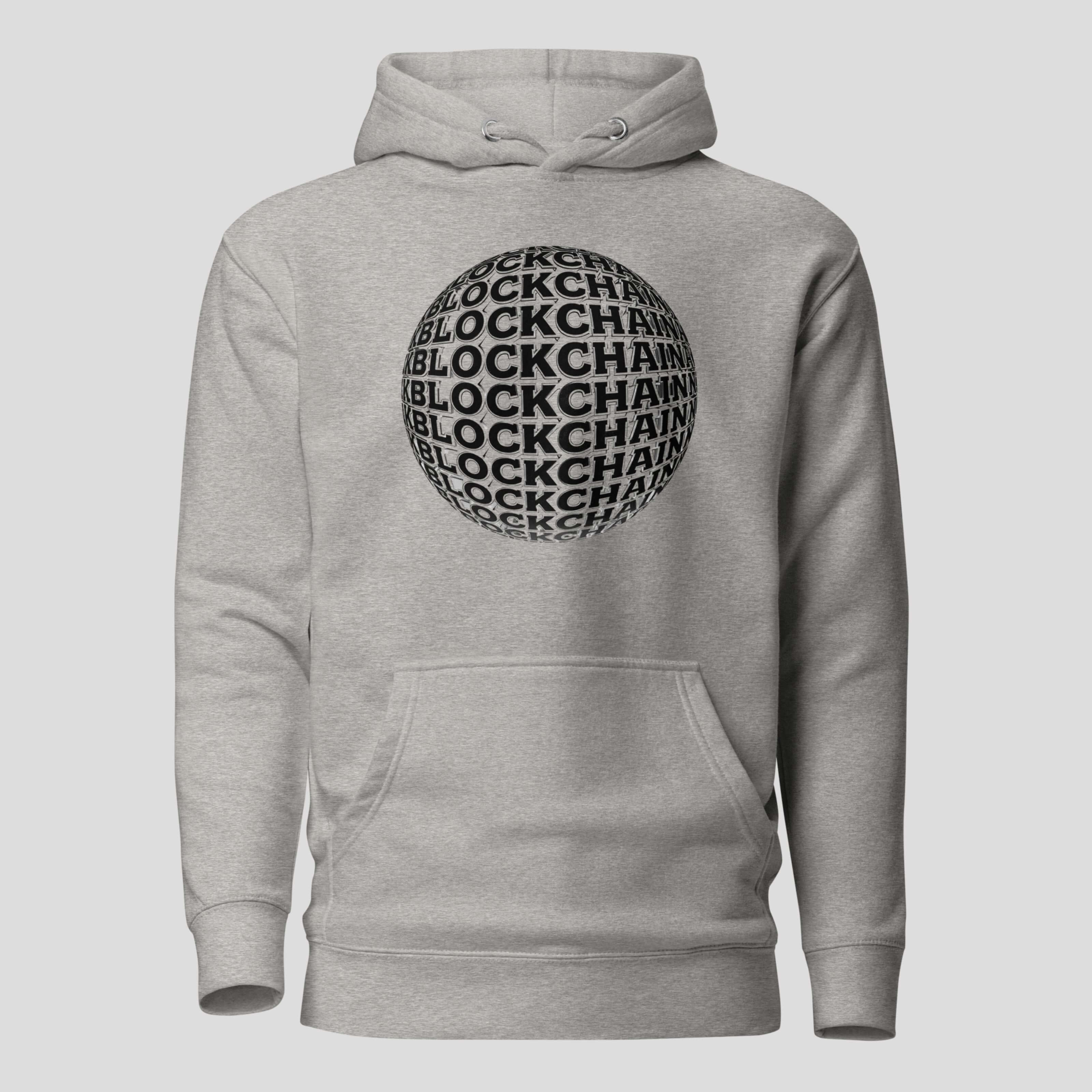 Grey crypto hoodie featuring global blockchain typography print