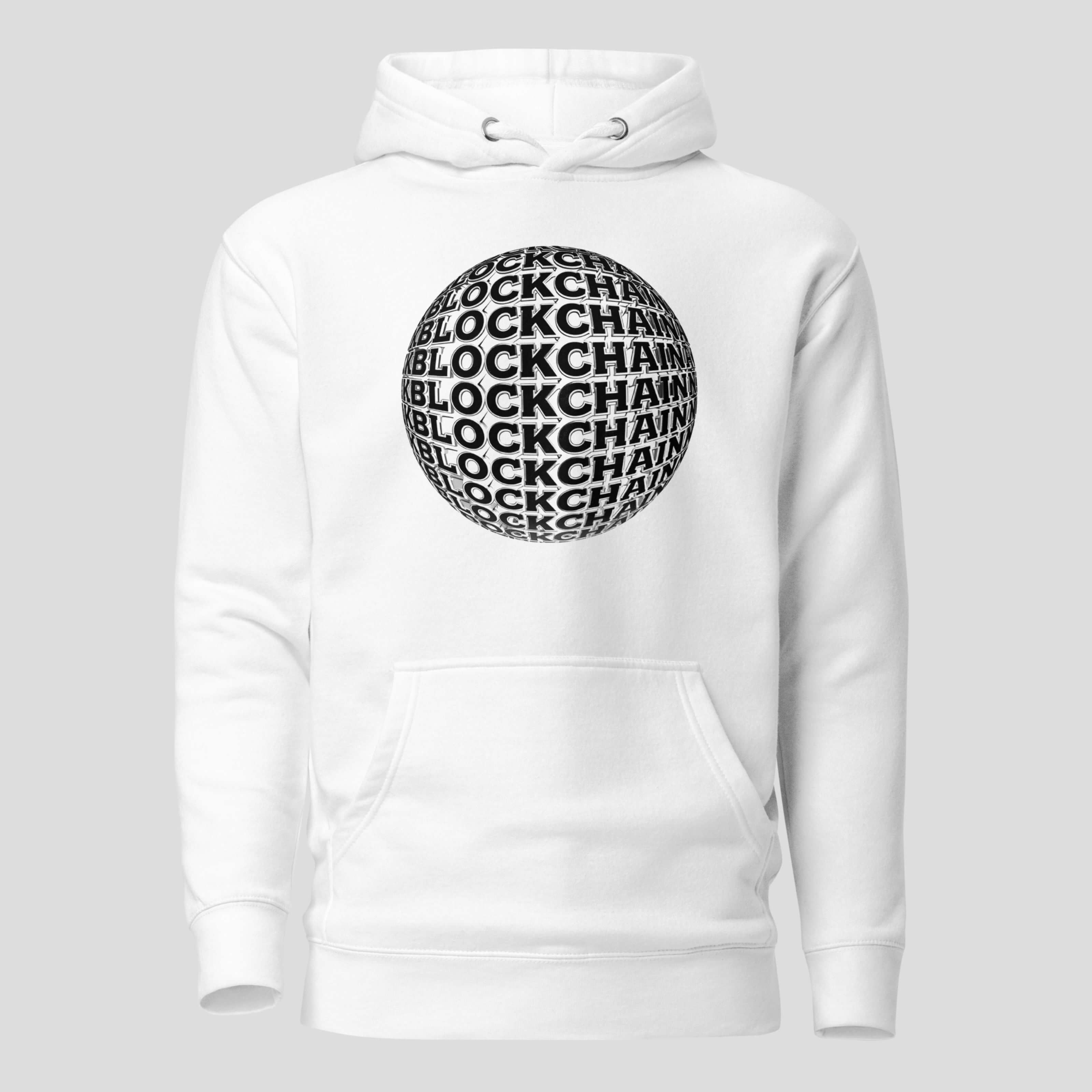 White blockchain hoodie with minimalist global crypto typography design