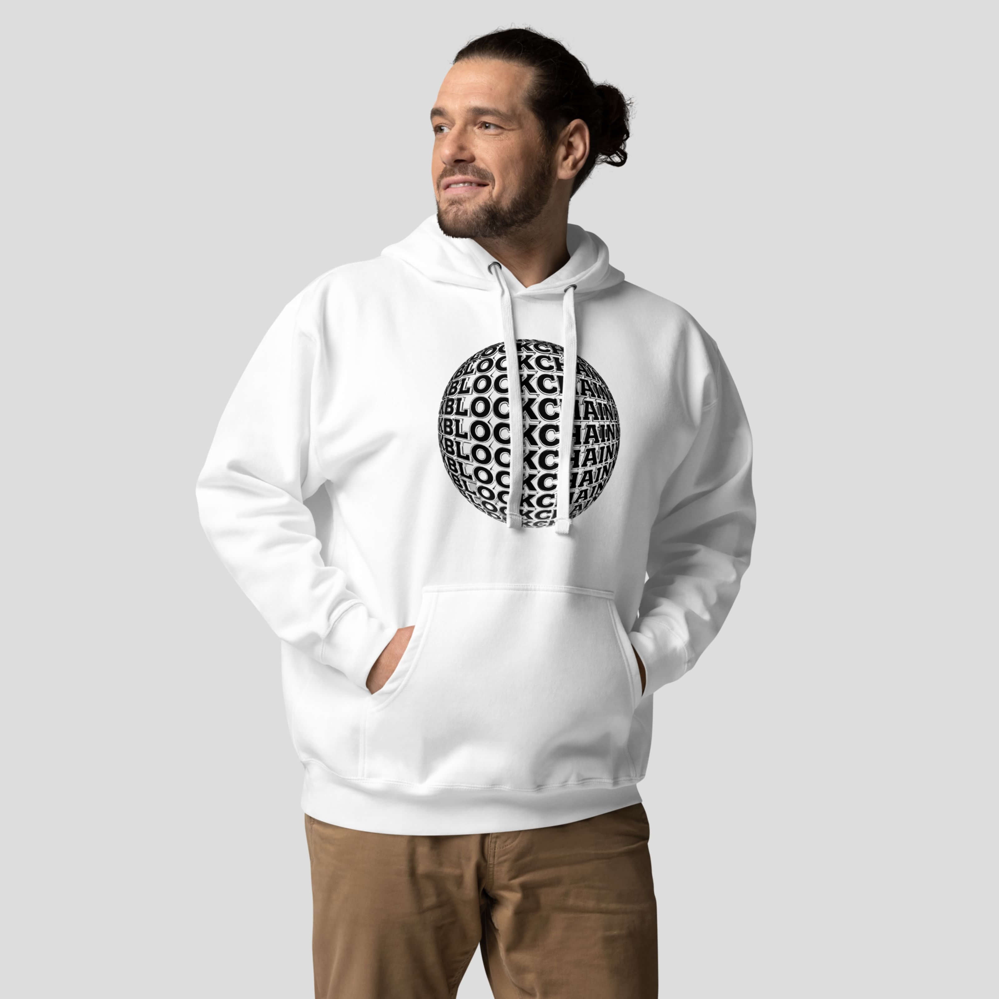 Model wearing white global blockchain hoodie with circular crypto typography design