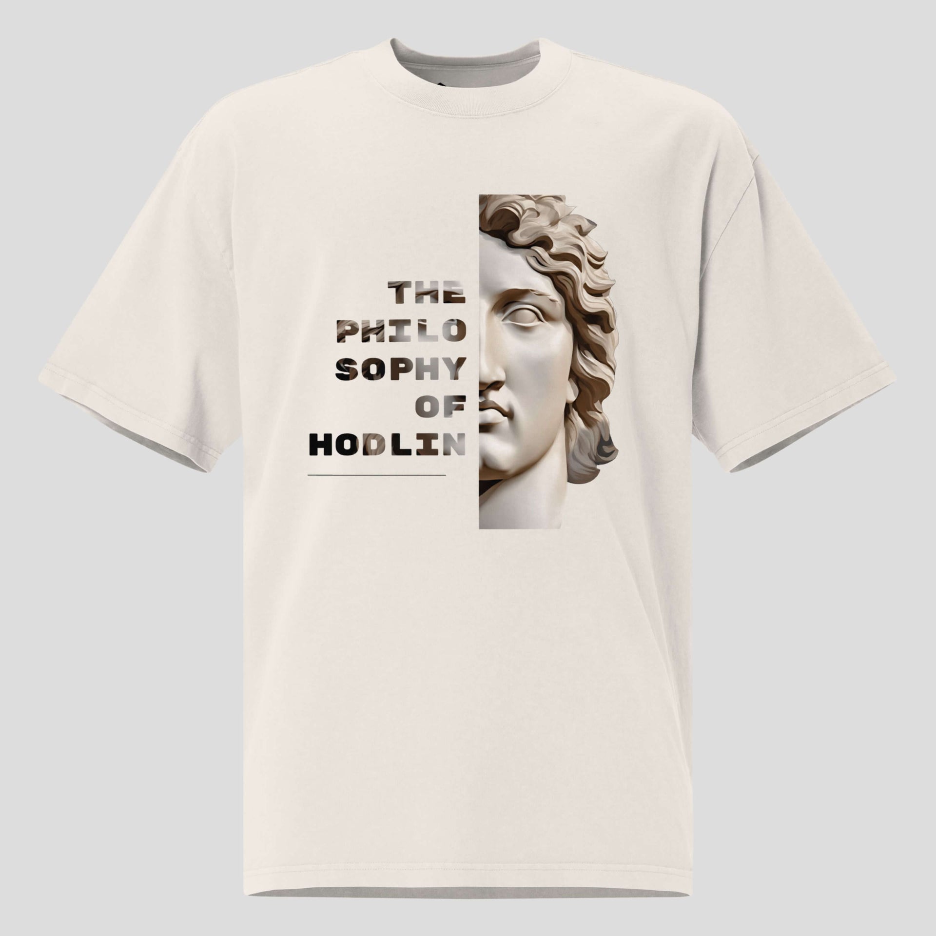 Oversized heavyweight crypto t-shirt with holding philosophy design and minimalist artwork