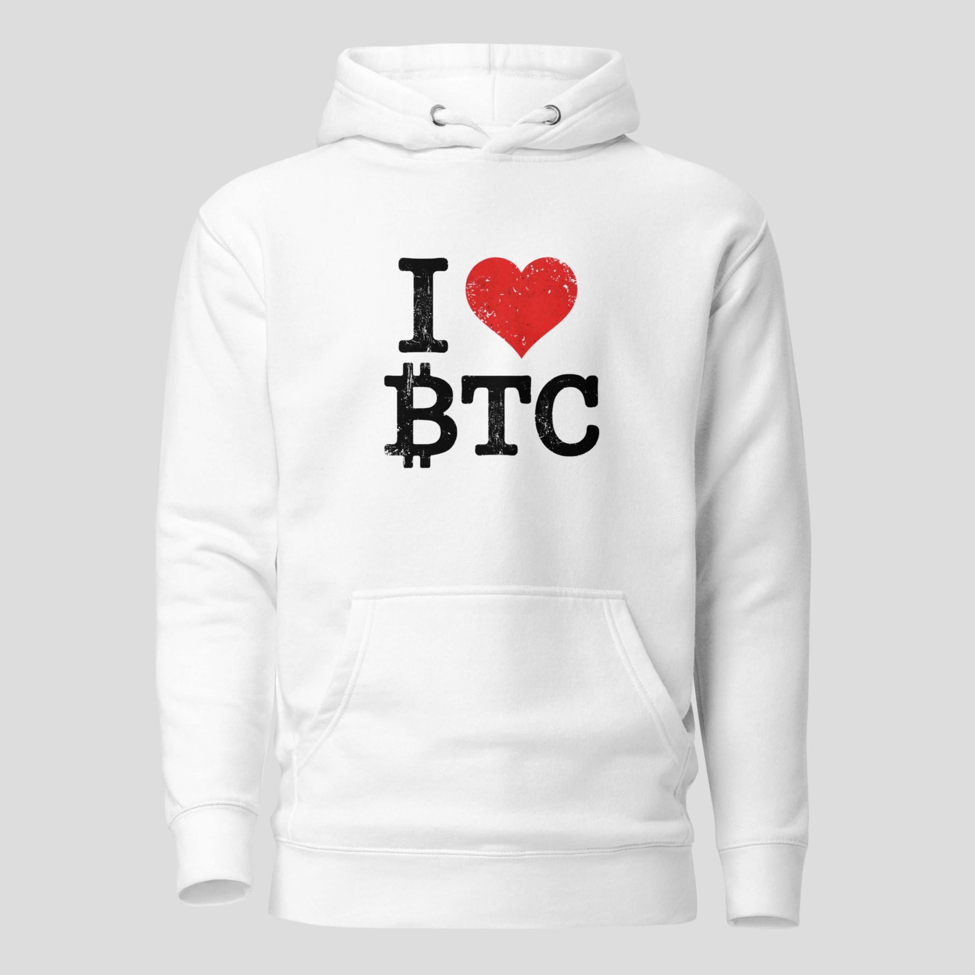 I Love BTC Bitcoin hoodie front print white cotton heritage