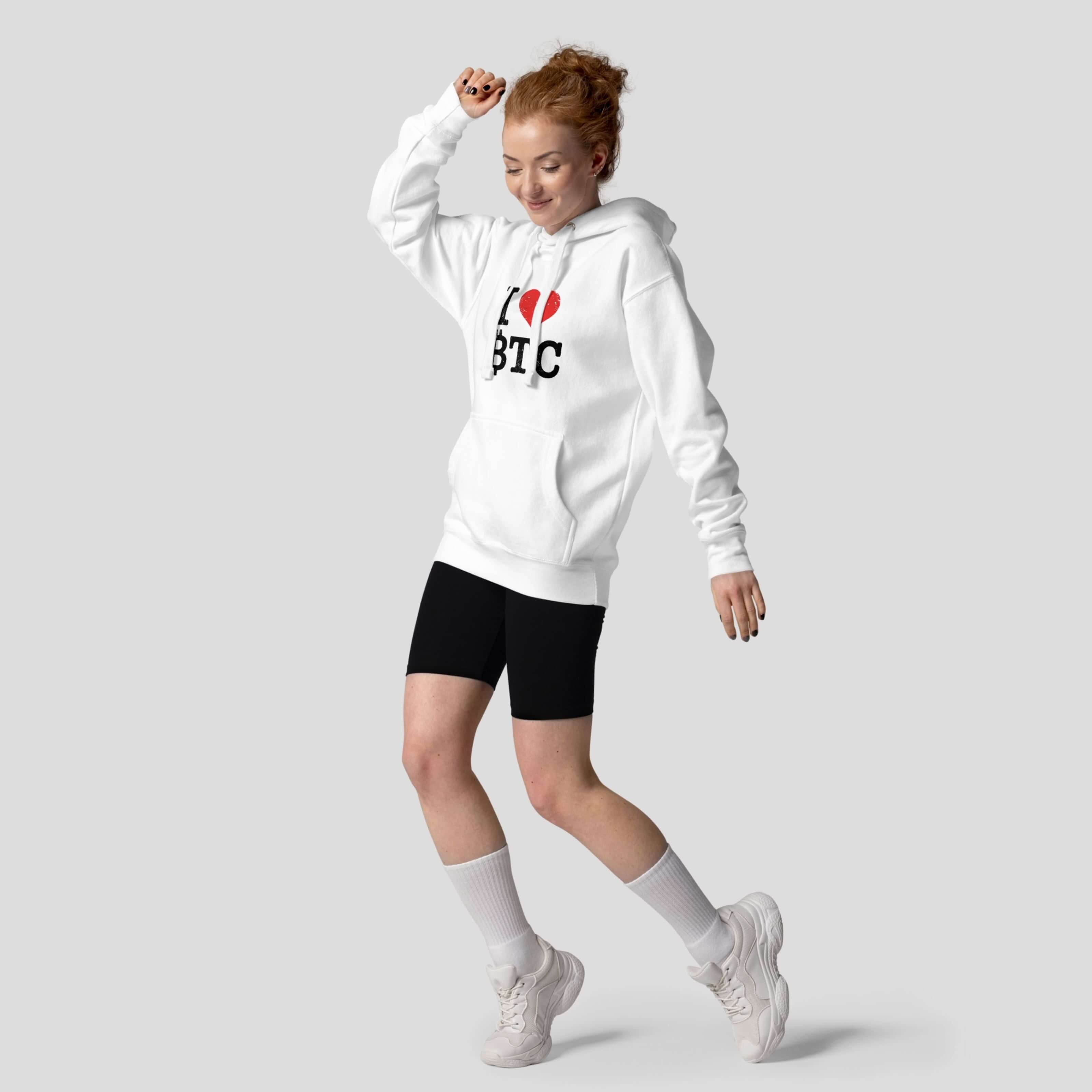 Bitcoin hoodie worn by female model casual streetwear