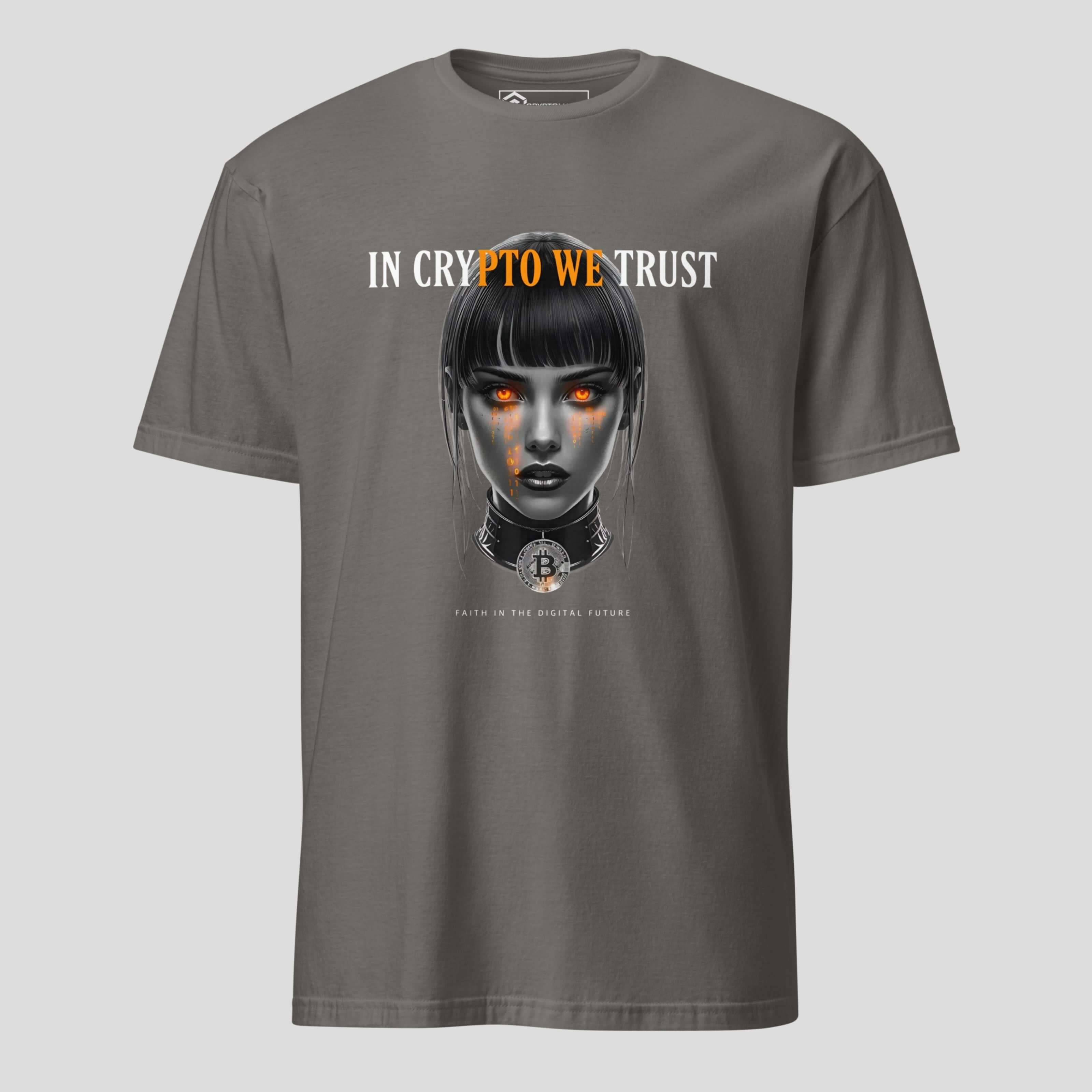 In Crypto We Trust digital girl blockchain unisex crypto tee grey