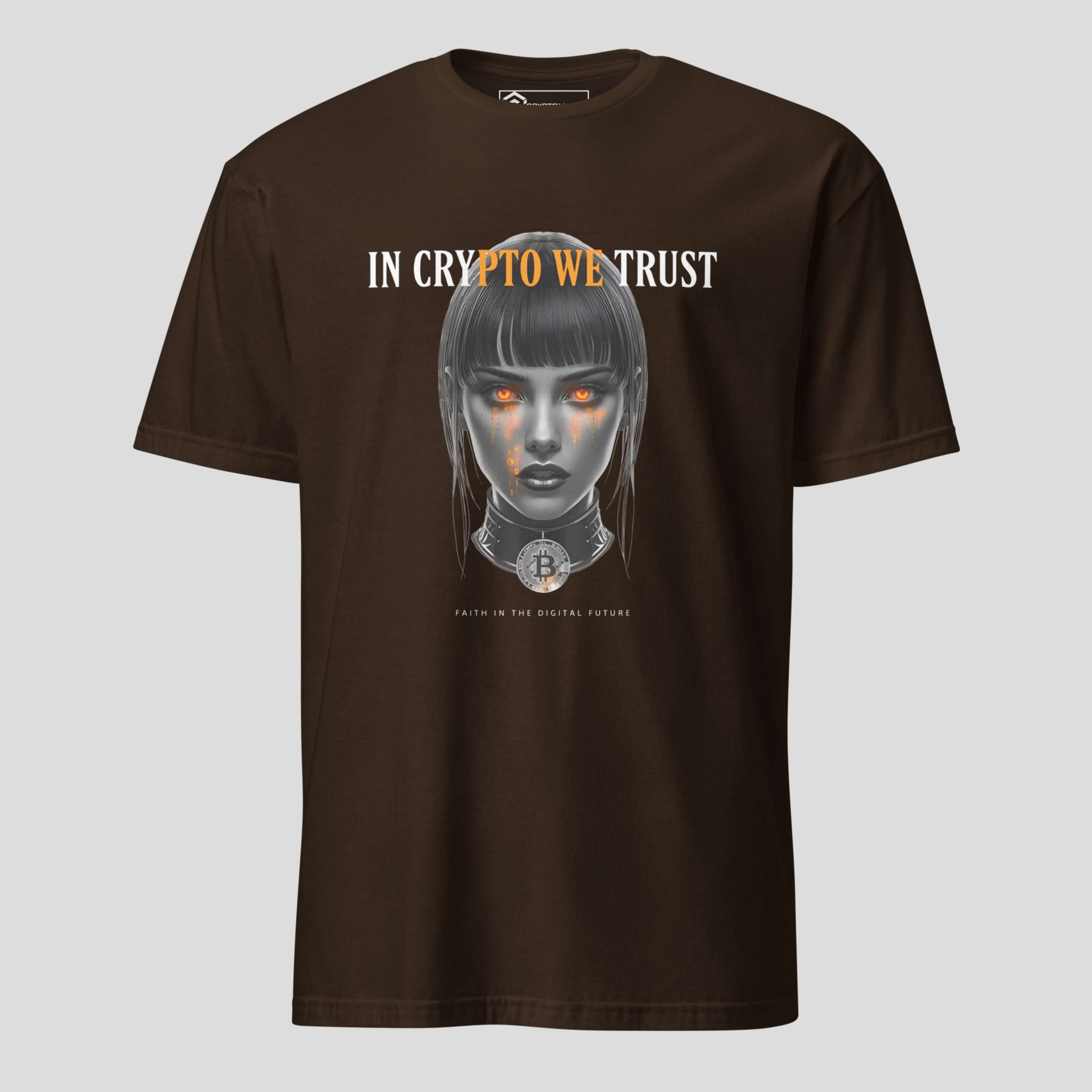 In Crypto We Trust digital future girl bitcoin unisex crypto t shirt brown