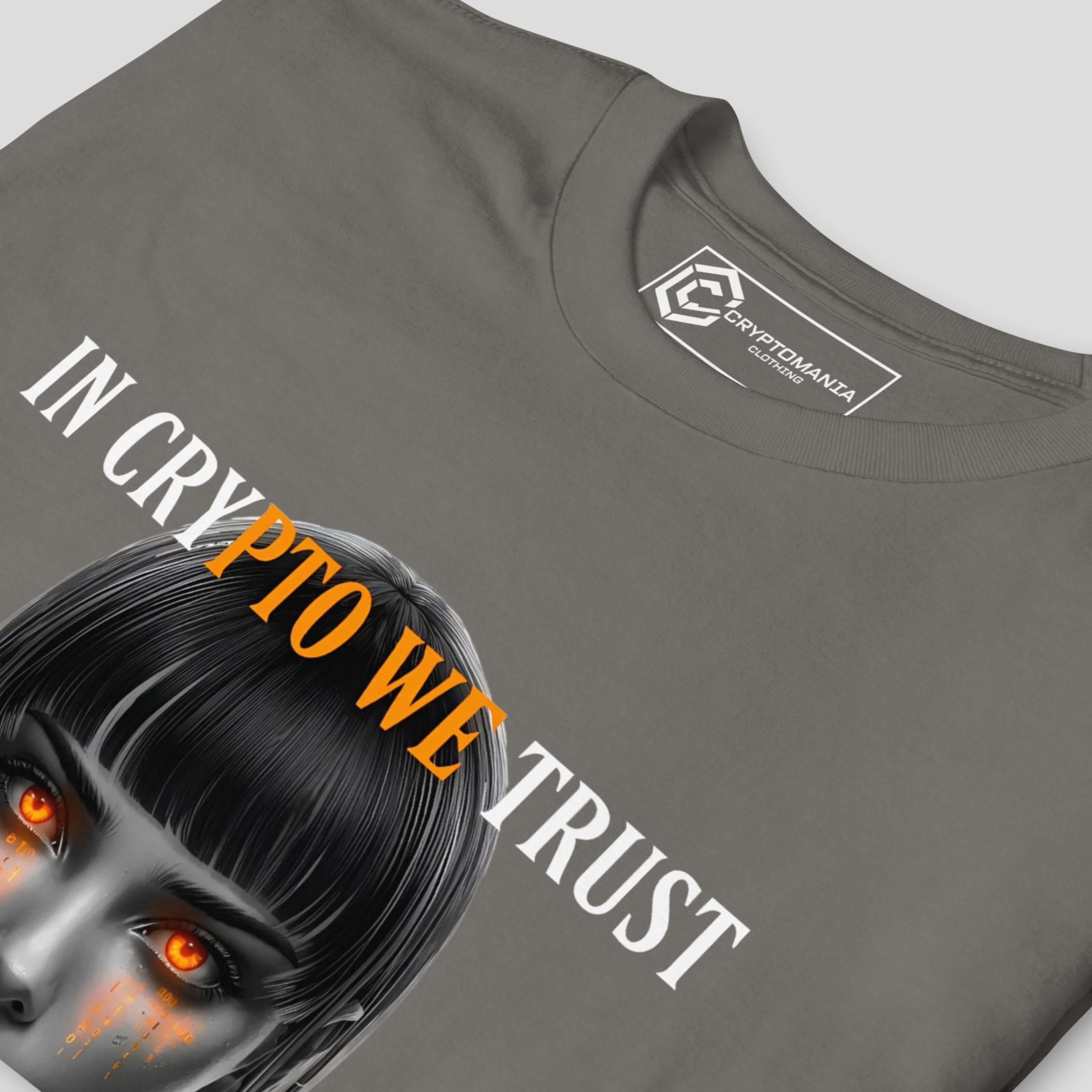 Grey In Crypto We Trust futuristic bitcoin girl crypto clothing detail print