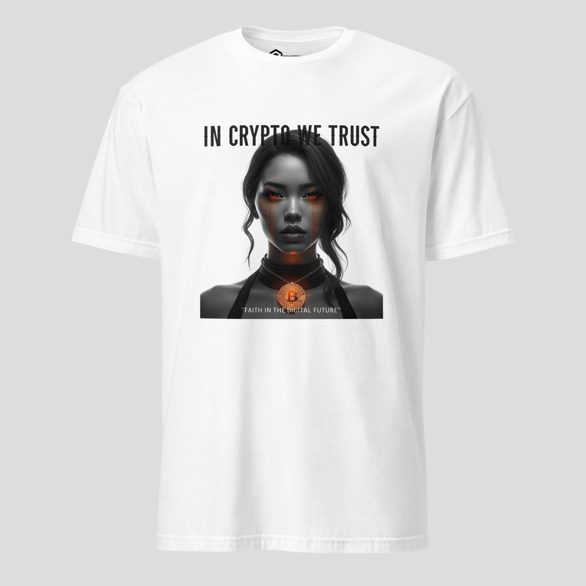 in crypto we trust futuristic crypto t shirt white digital streetwear design