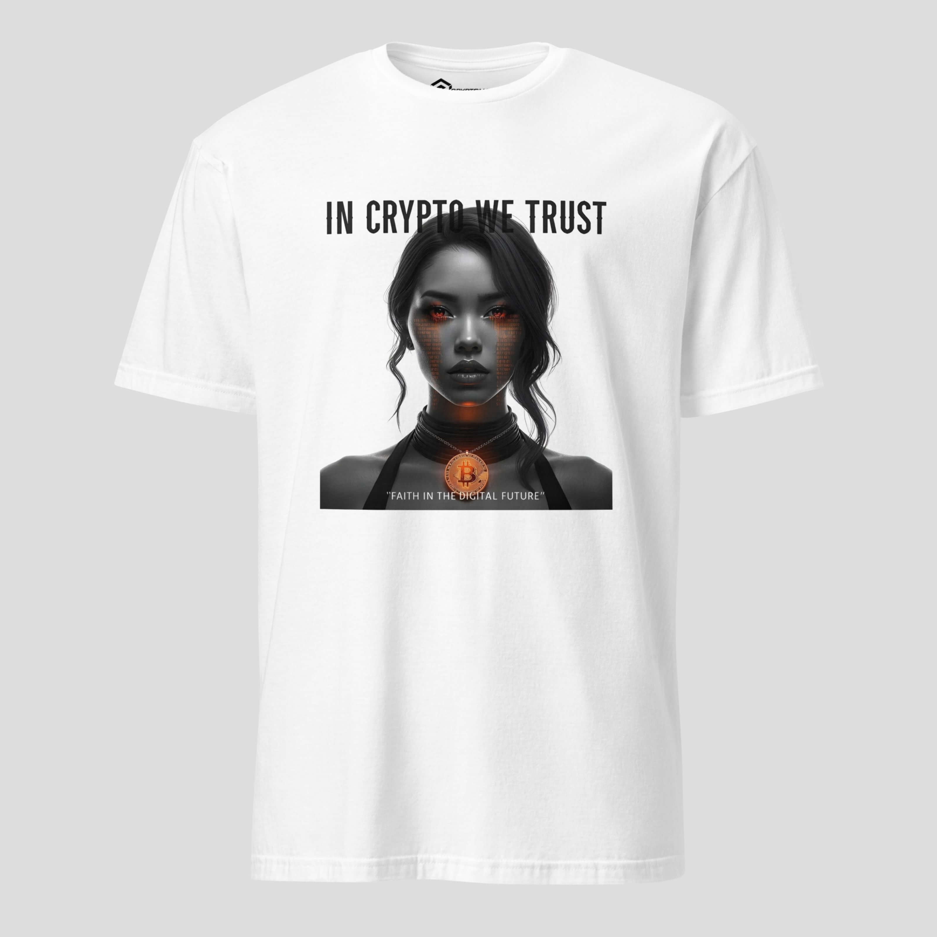 in crypto we trust futuristic crypto t shirt white digital streetwear design