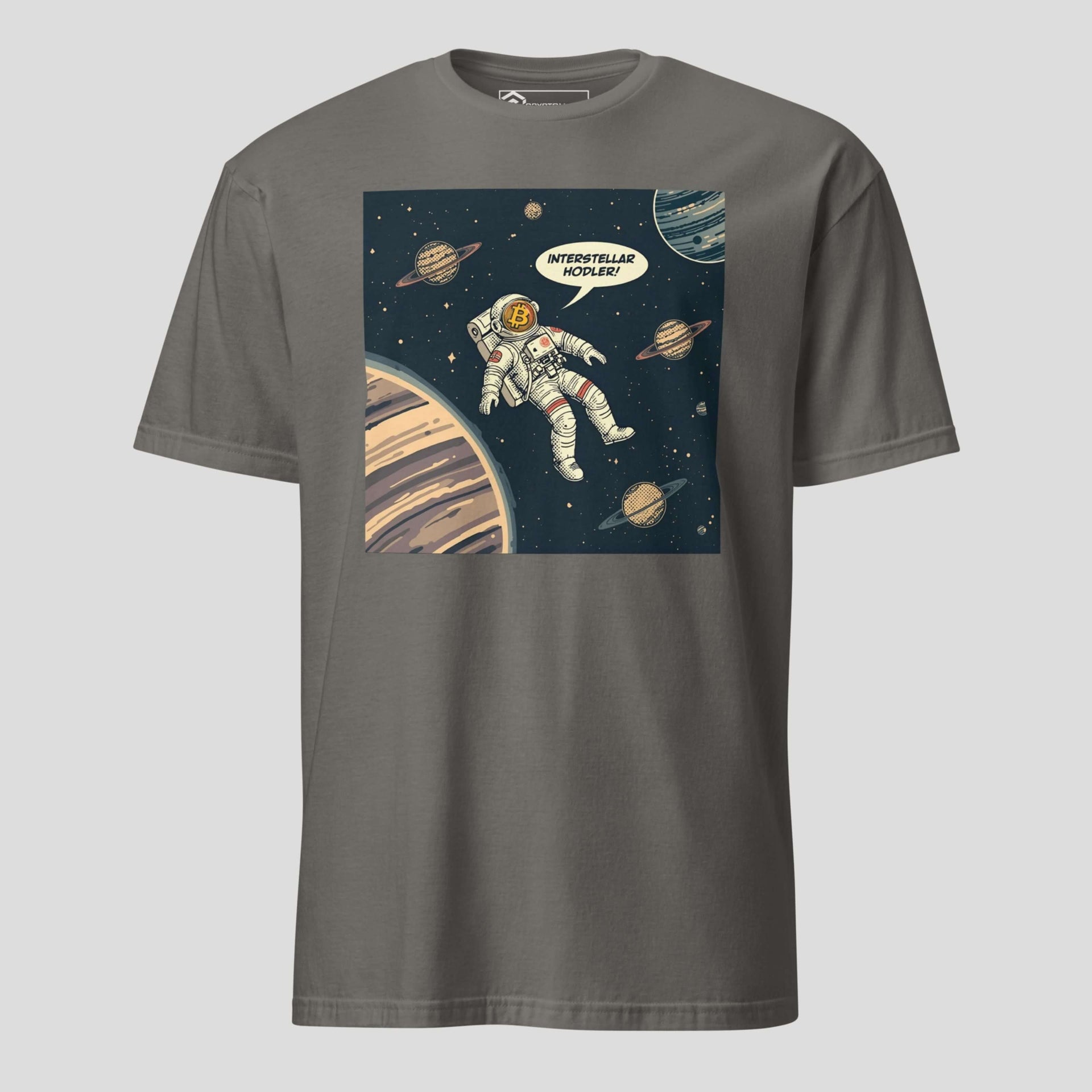 Gray interstellar hodler bitcoin t-shirt front view