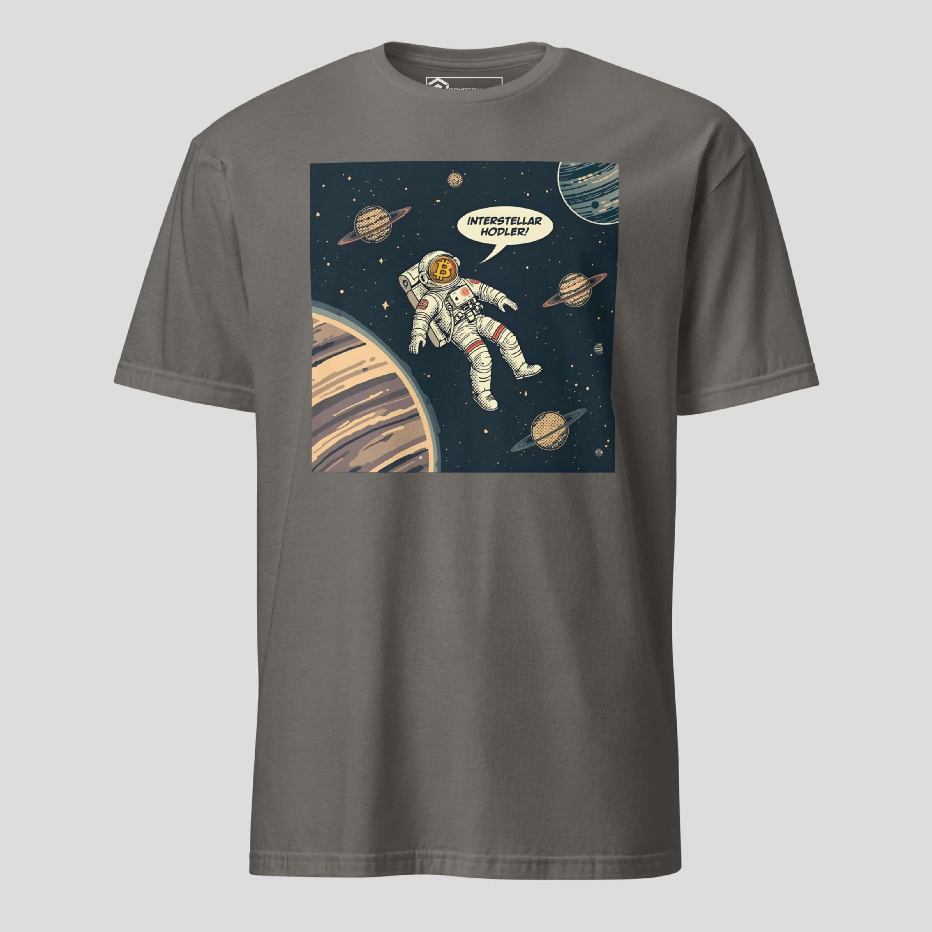 Gray interstellar hodler bitcoin t-shirt front view