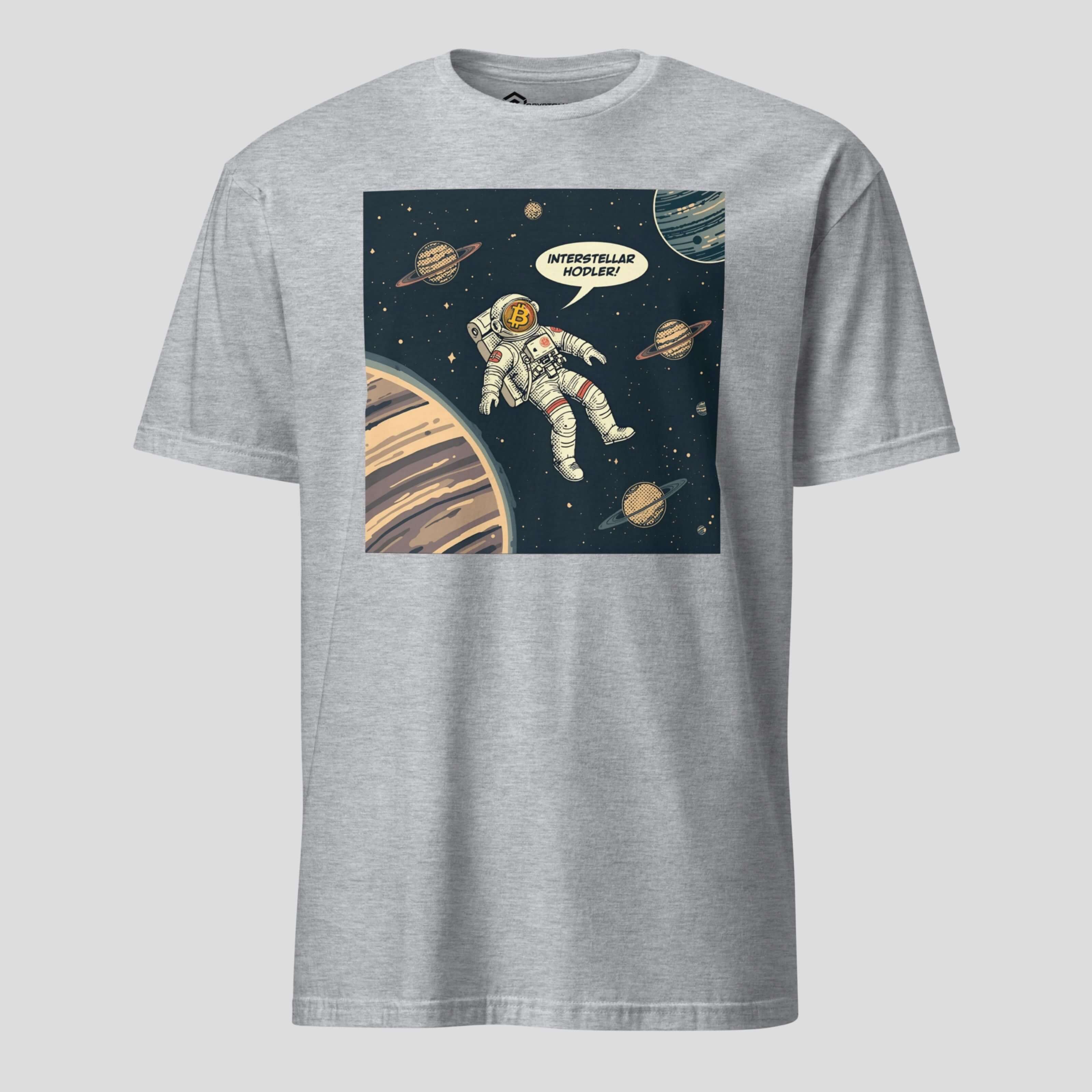Gray t-shirt with an astronaut and space-themed graphic on a white background