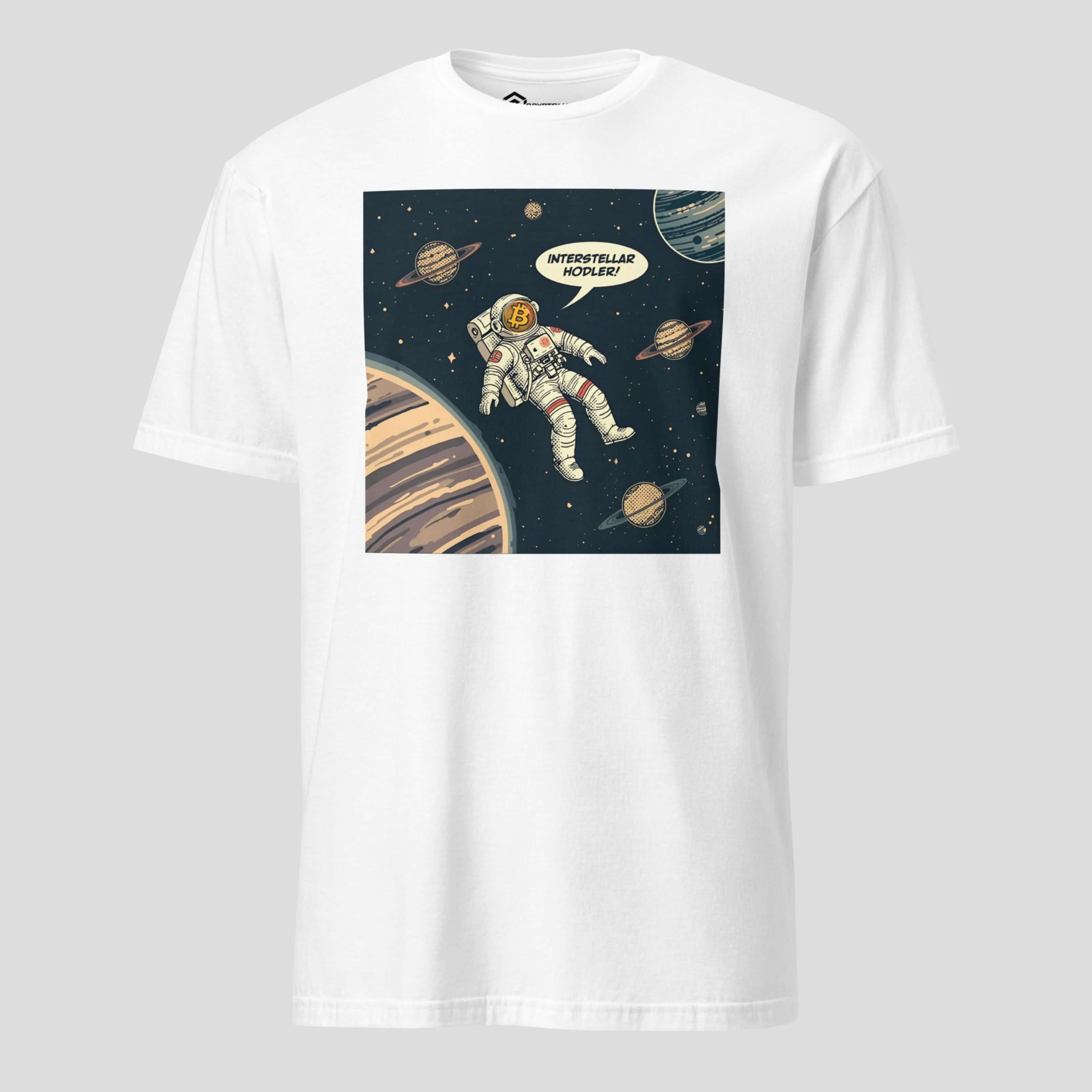 White interstellar hodler crypto t-shirt space design