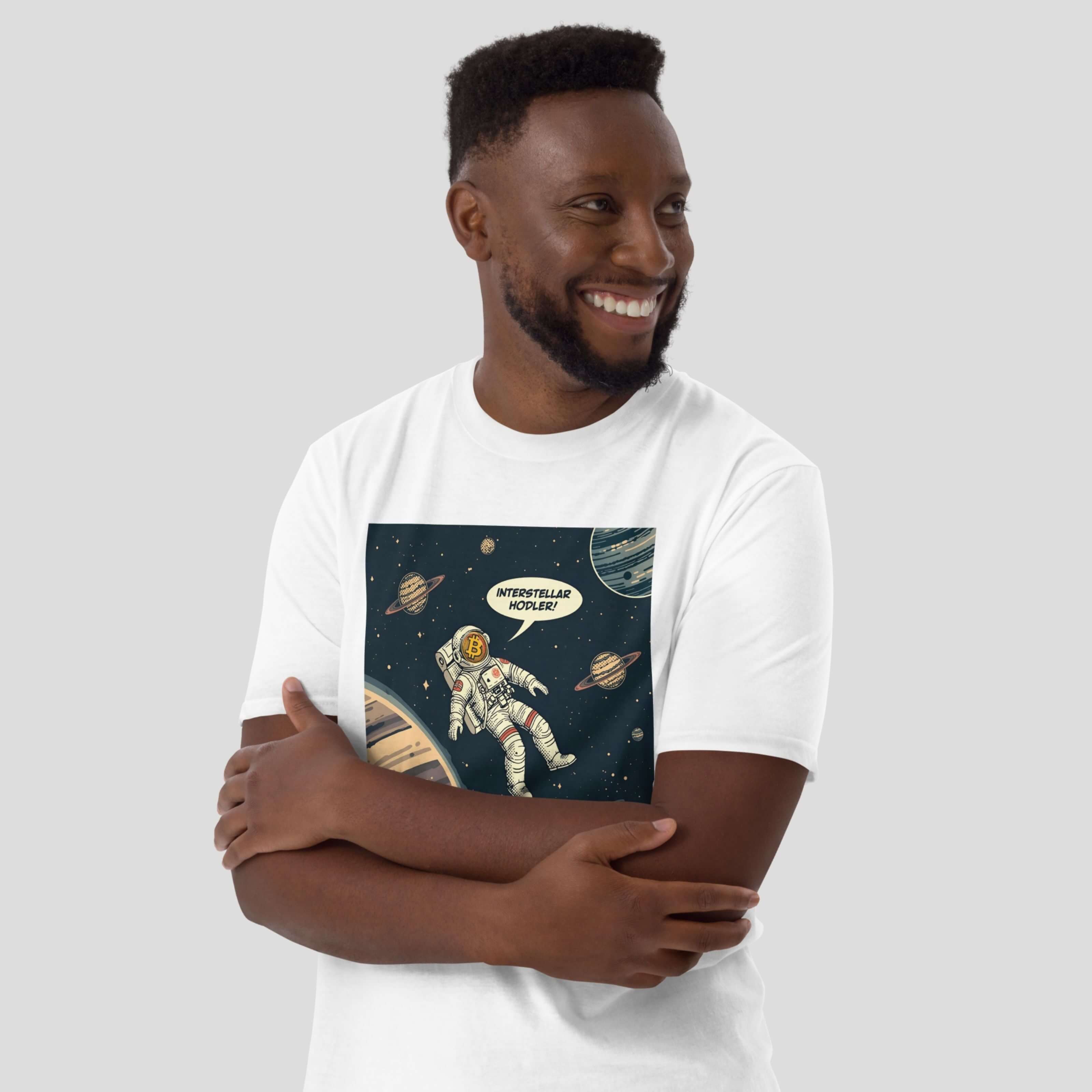 Model wearing interstellar hodler white bitcoin t-shirt