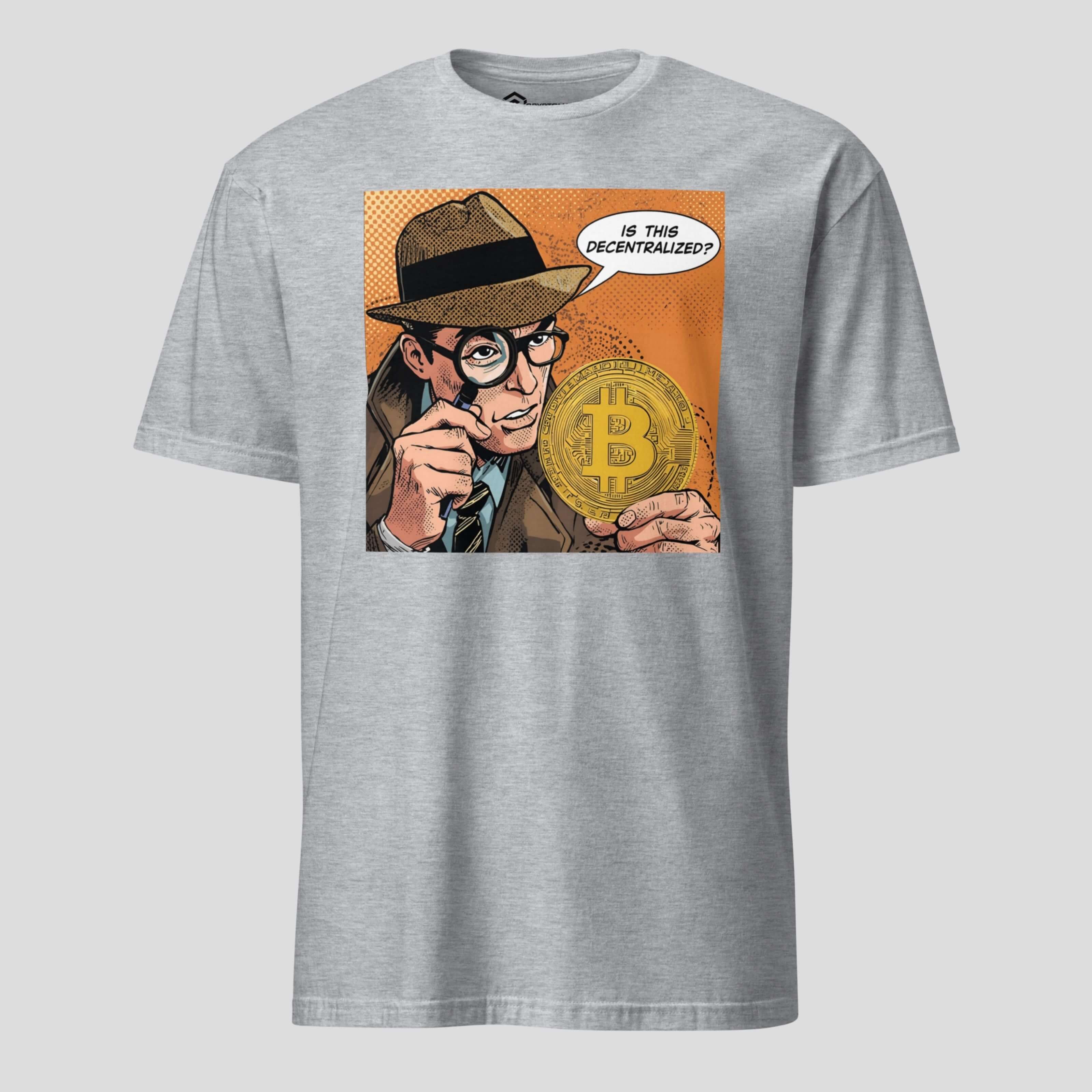 Sports grey t-shirt with a graphic of a character holding a Bitcoin and text on a white background