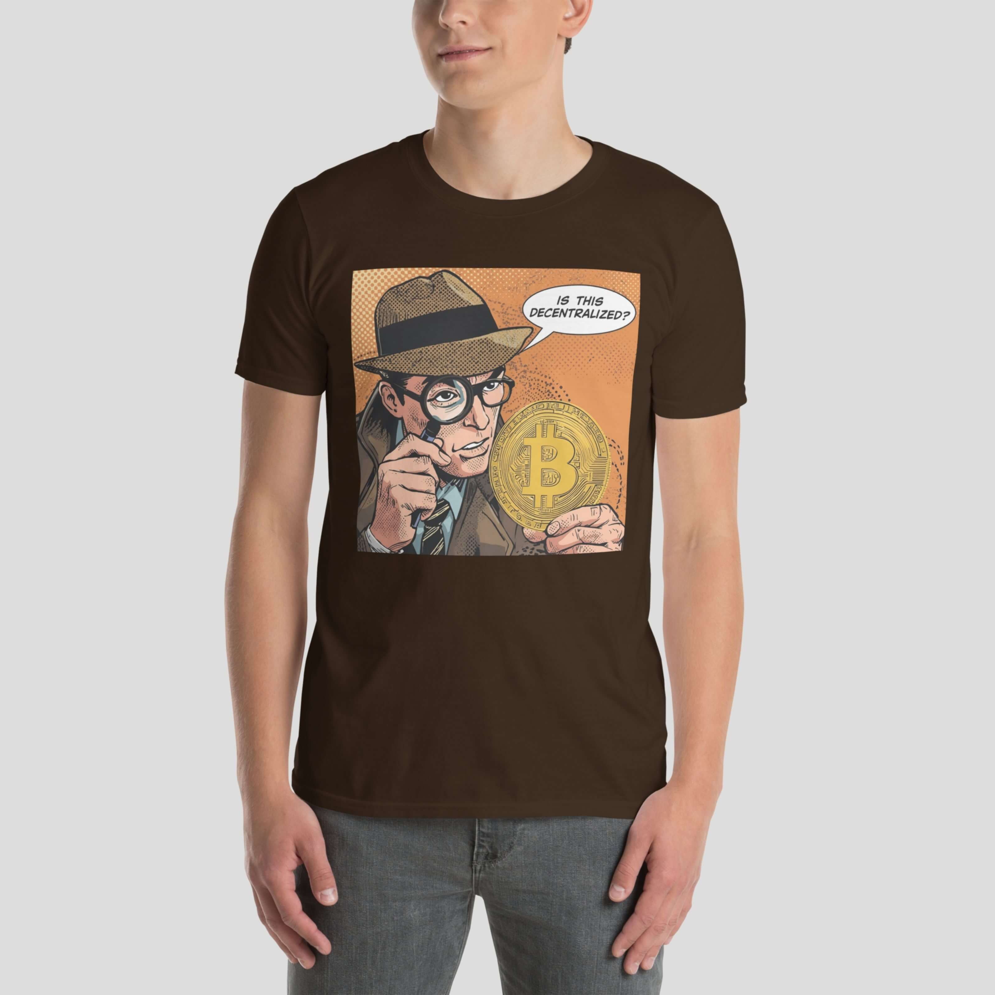 Model wearing is this decentralized crypto statement t-shirt