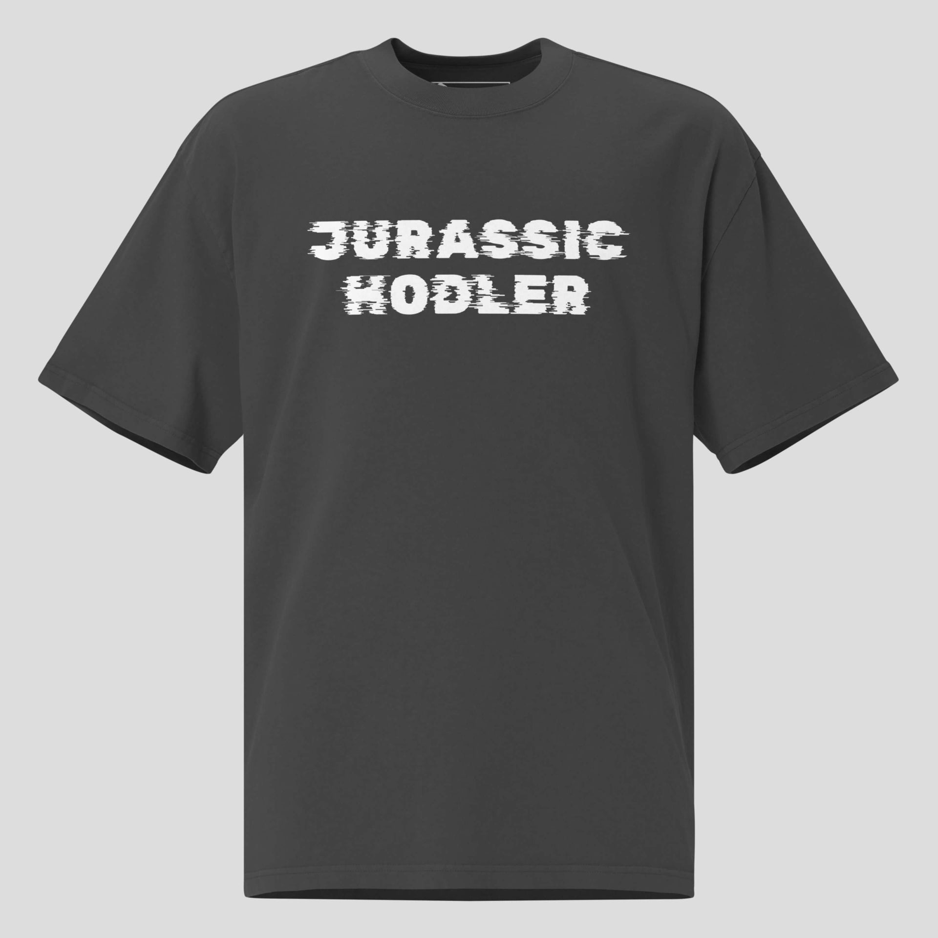 Oversized Jurassic Hodler crypto t-shirt front view on dark fabric