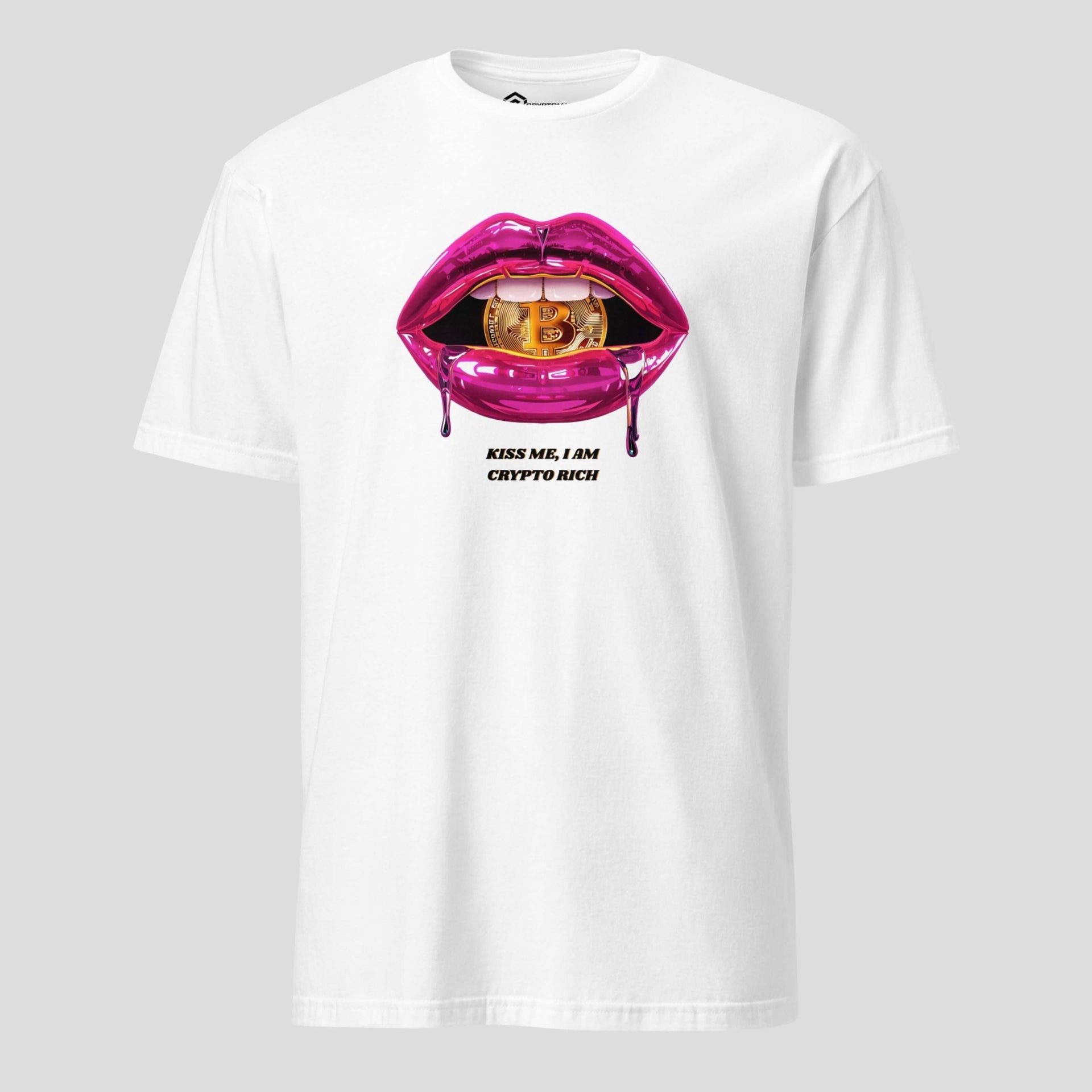 White t-shirt with glossy lips artwork and Bitcoin coin design, Kiss Me I’m Crypto Rich crypto streetwear
