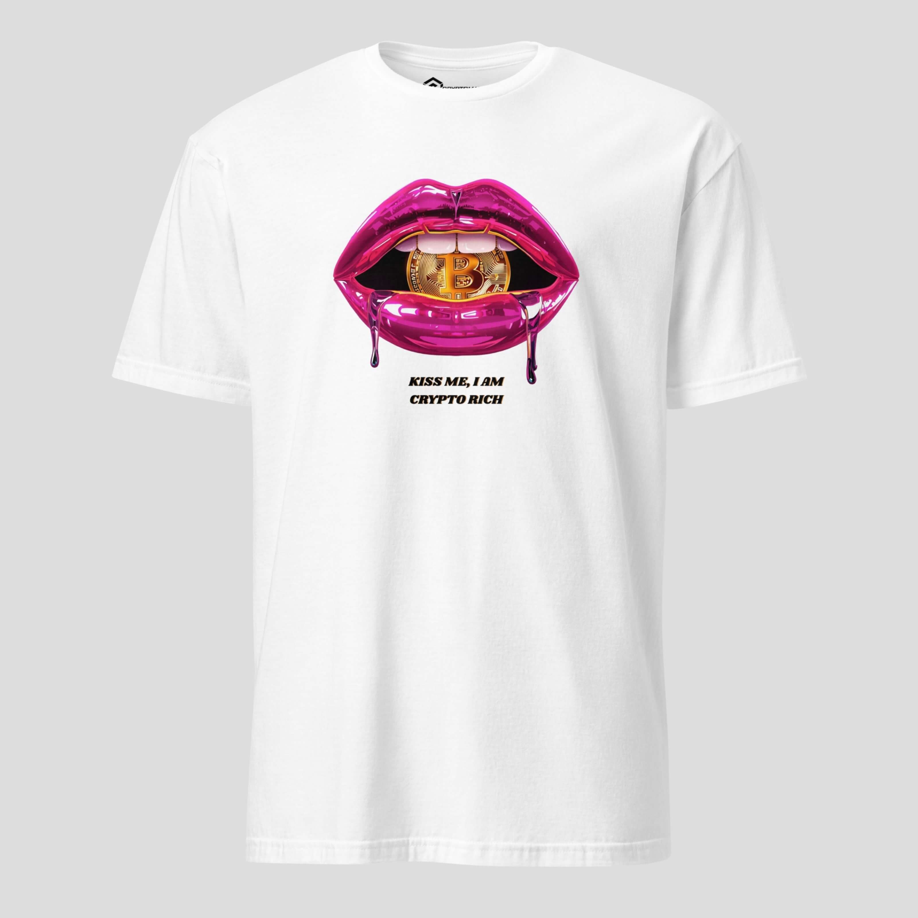 White t-shirt with glossy lips artwork and Bitcoin coin design, Kiss Me I’m Crypto Rich crypto streetwear