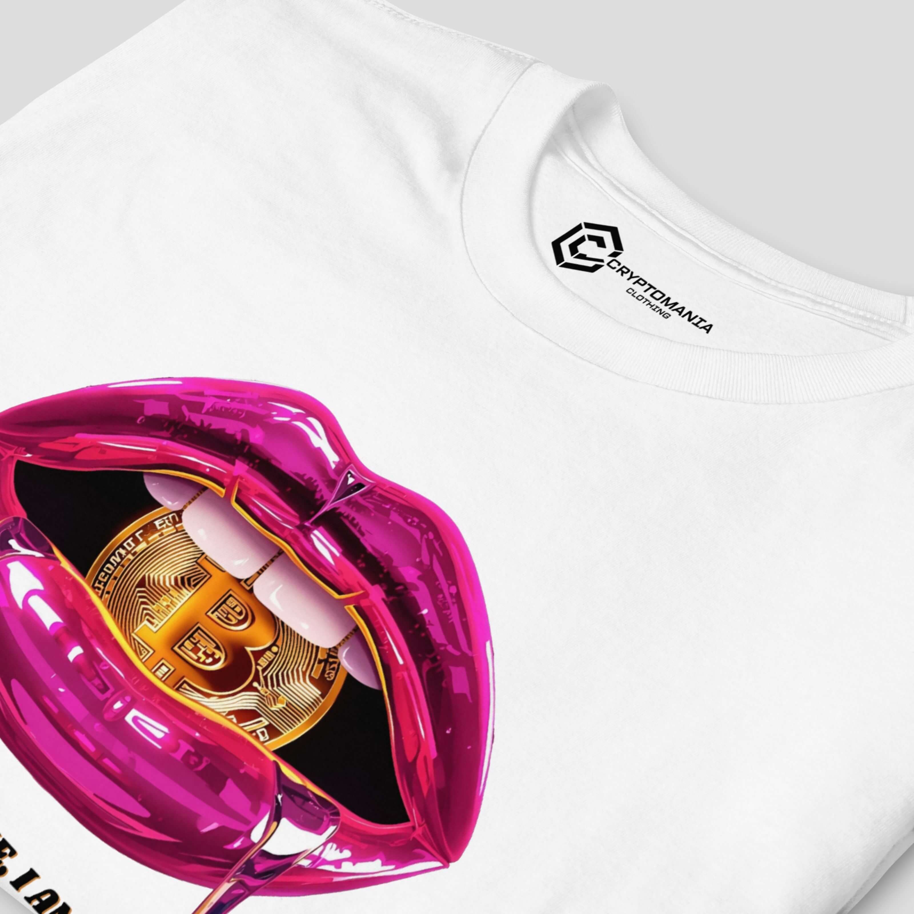 White bitcoin inspired t-shirt with illustartion of a bitcoin between pink lips