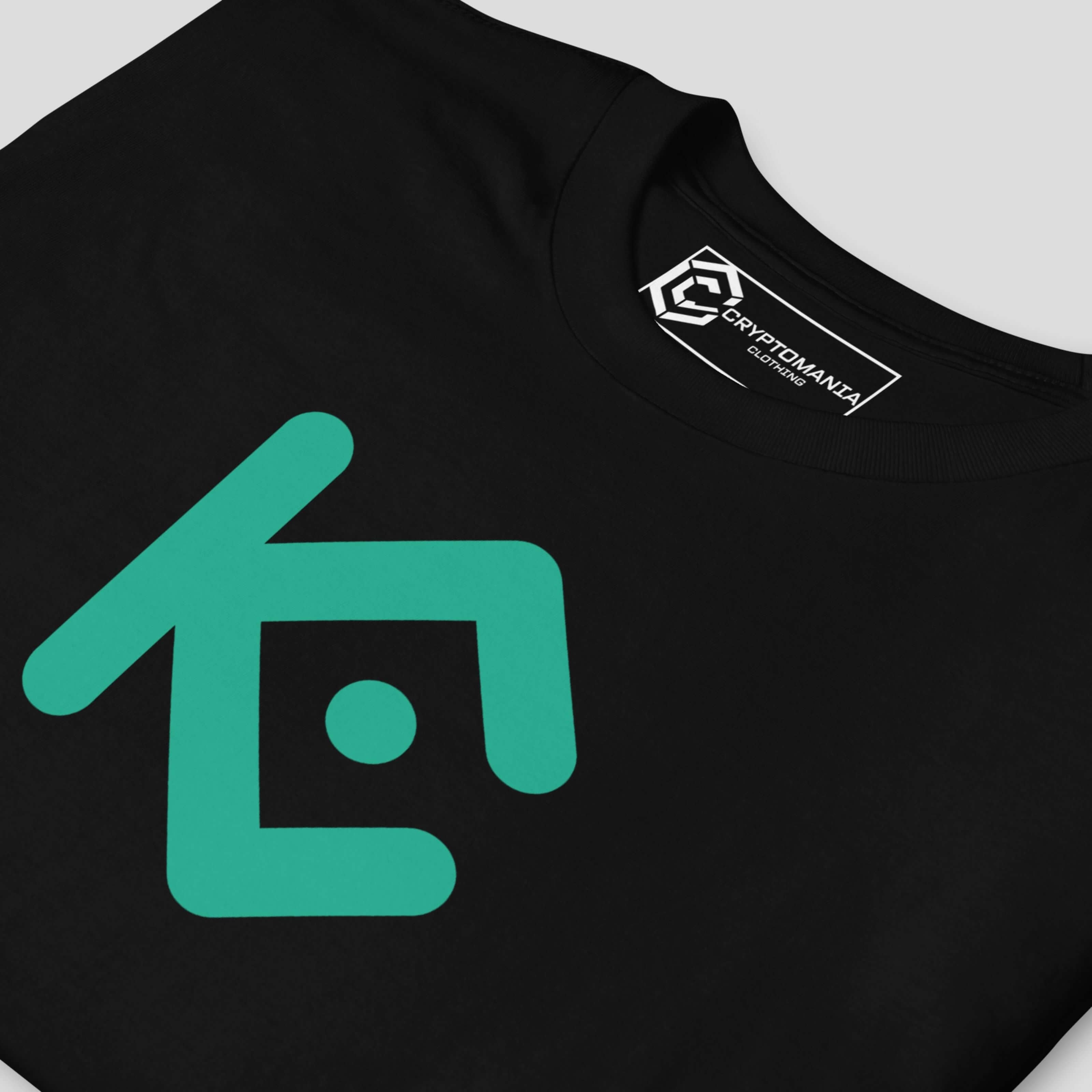 Detailed crop of KuCoin inspired crypto t-shirt logo print emphasizing modern design, smooth finish, and premium apparel quality
