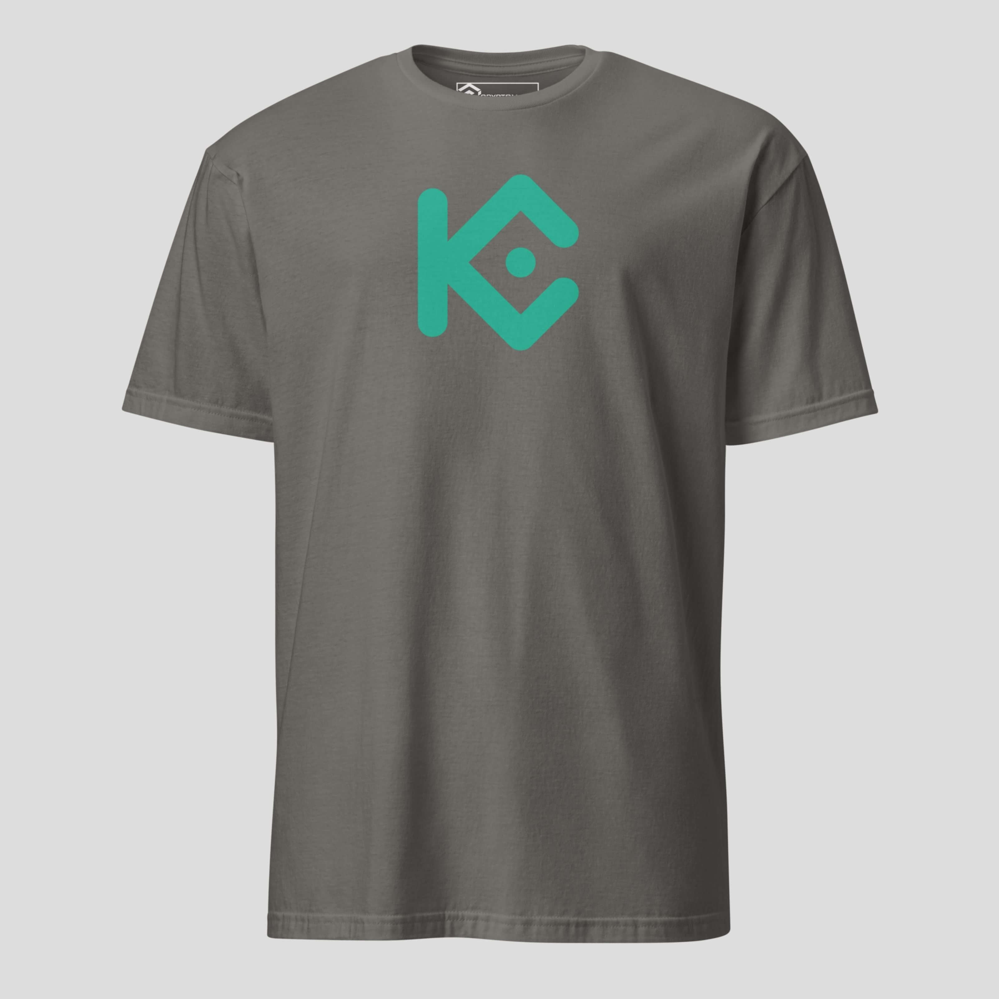 KuCoin inspired t-shirt with minimalist geometric crypto symbol, premium cotton fabric, clean front print, modern blockchain streetwear style