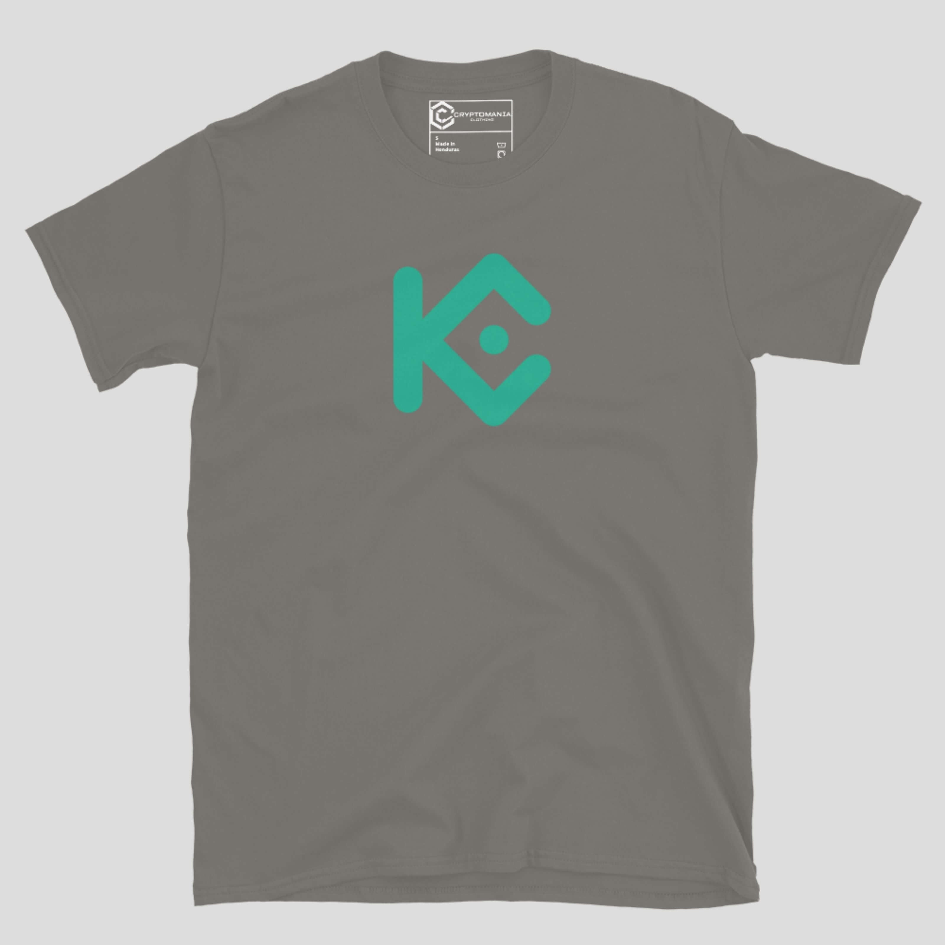 Front view of KuCoin inspired crypto t-shirt featuring bold abstract exchange symbol design, soft cotton fit for everyday wear