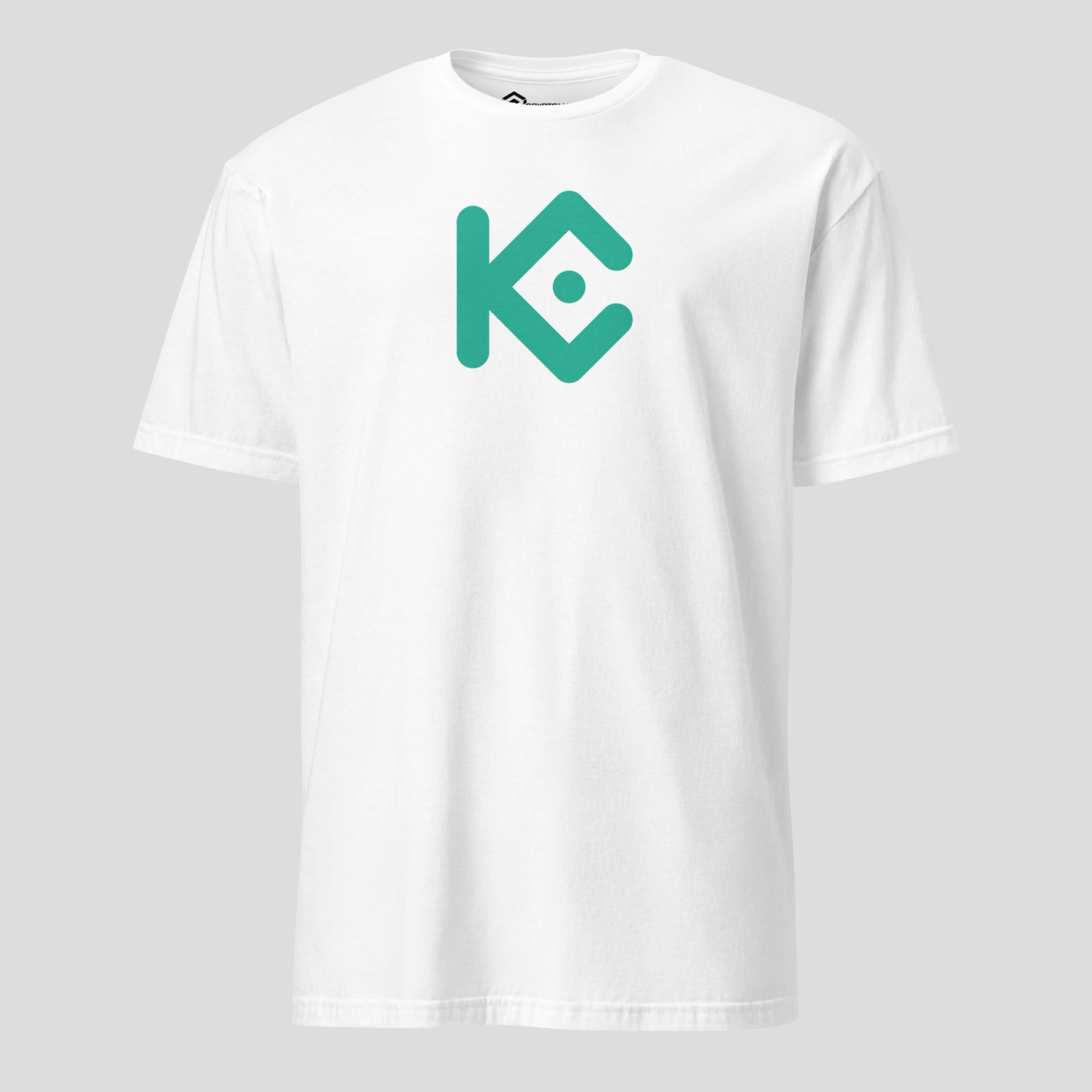White KuCoin inspired t-shirt with bold geometric crypto icon, minimalist blockchain fashion look, and everyday comfort