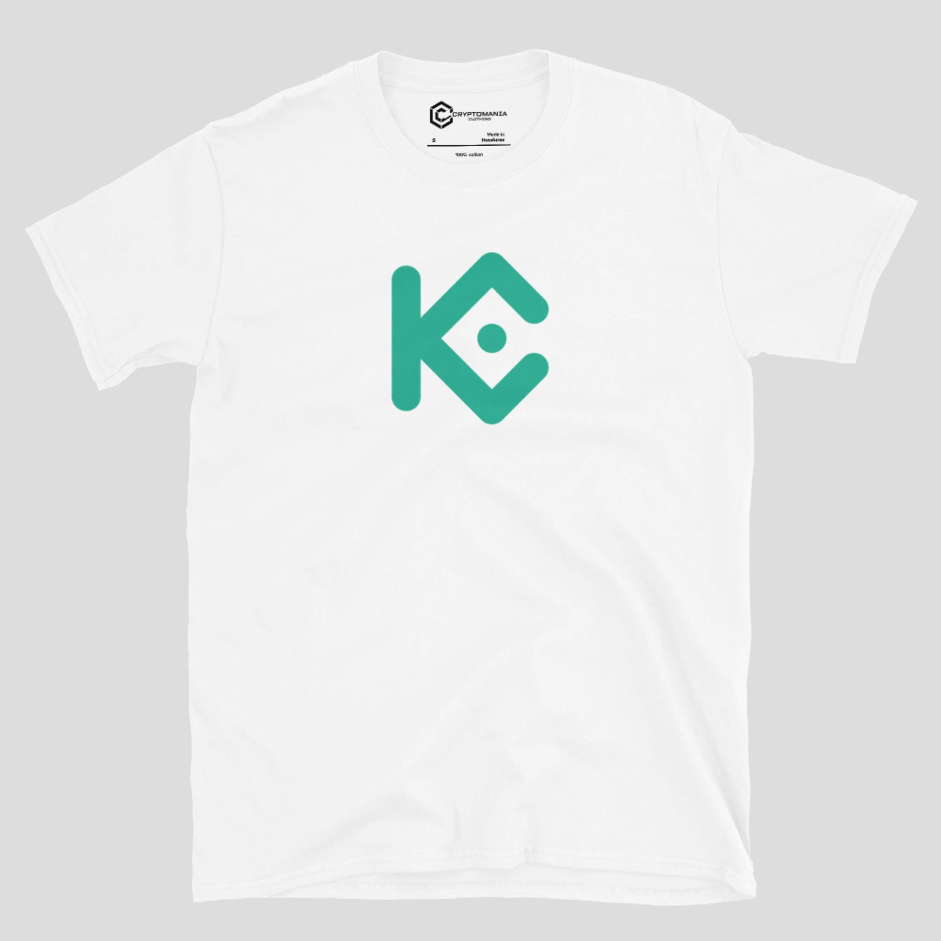 White minimalist KuCoin inspired t-shirt featuring abstract crypto exchange symbol, clean aesthetic, and unisex street style