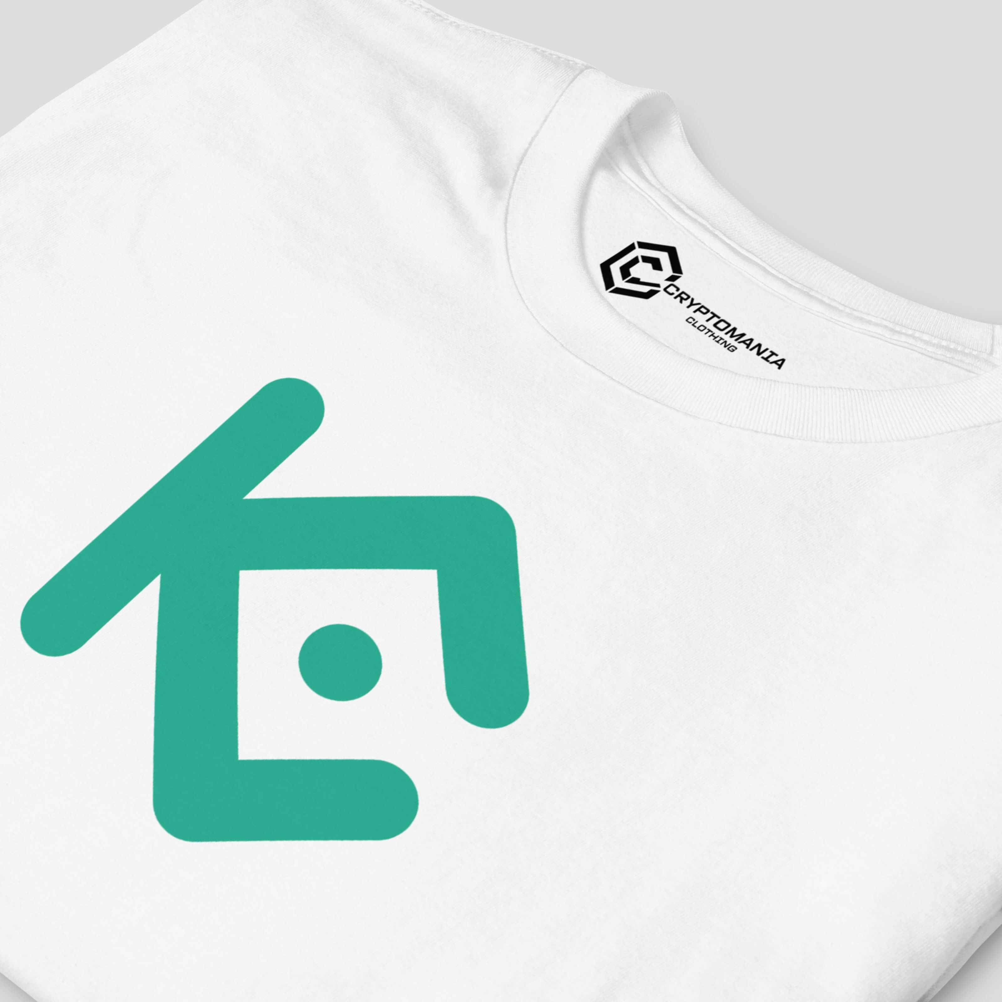 Close-up of KuCoin inspired crypto t-shirt chest print with smooth ink application, modern design lines, and premium cotton fabric