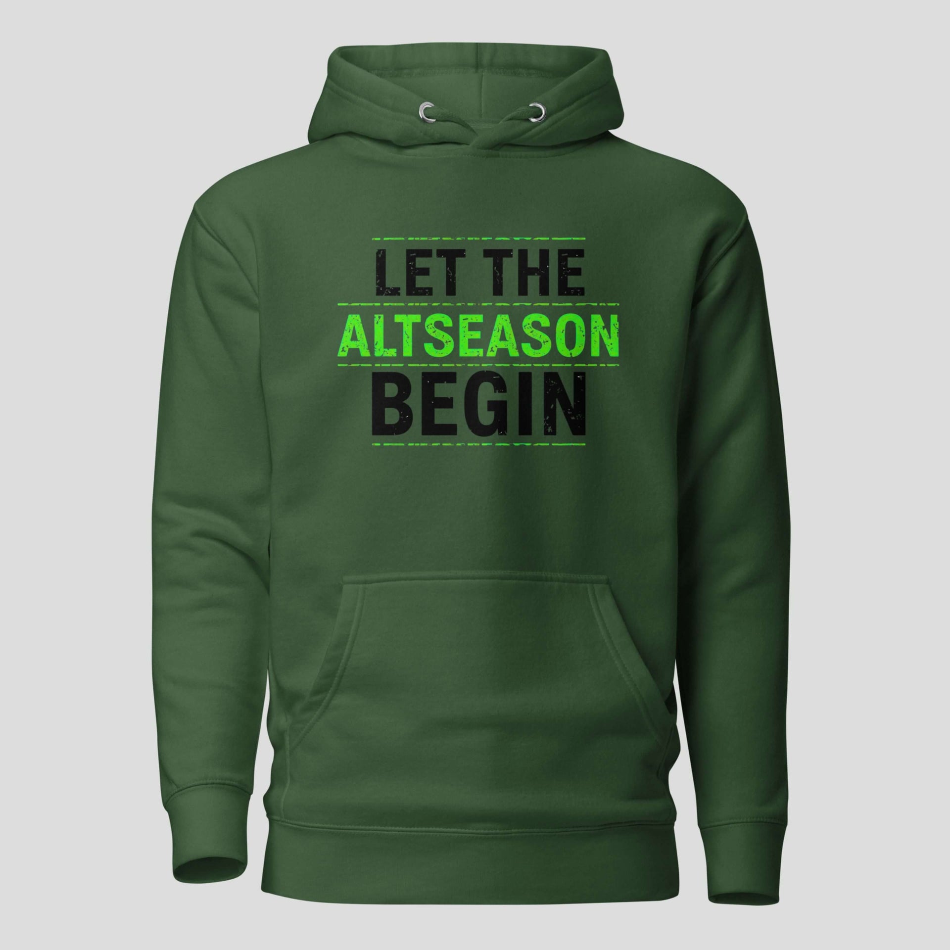 Green crypto hoodie with “Let The Altseason Begin” text for altcoin traders